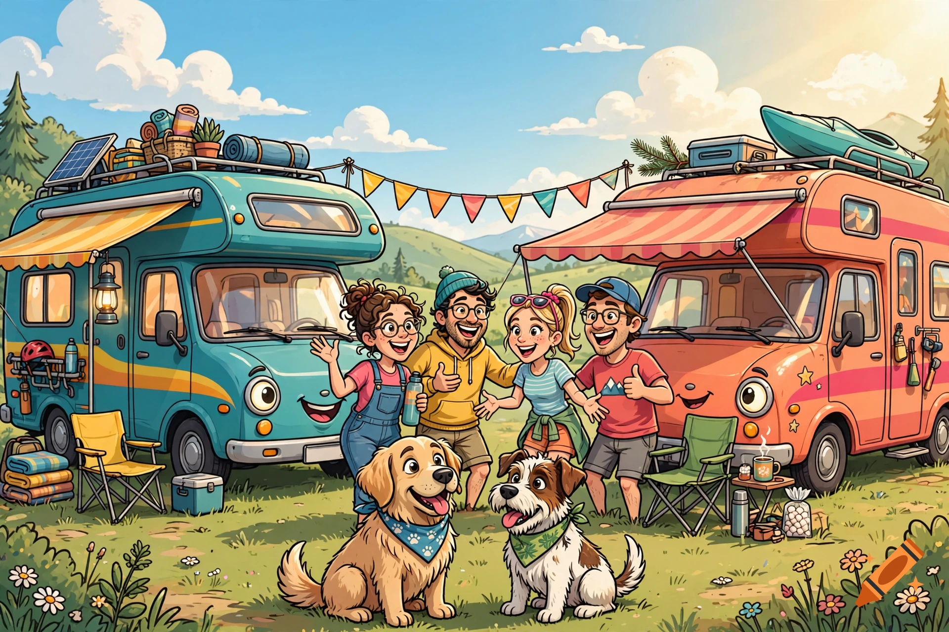 Cartoon illustration of four smiling people and two dogs standing happily between two camper vans parked in a scenic nature setting.
