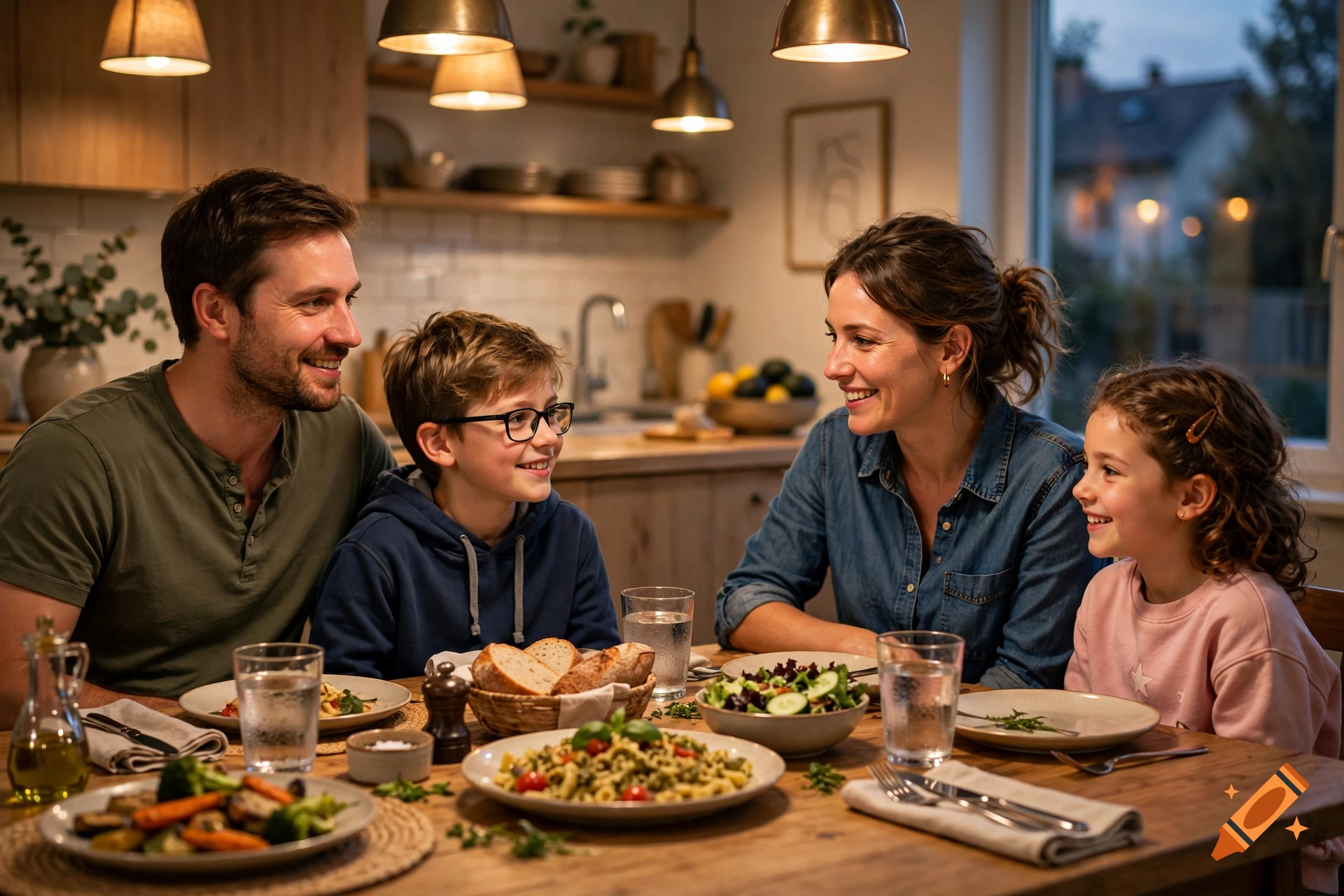 A smiling family of four sitting together around a wooden dining table in a kitchen, enjoying a meal.