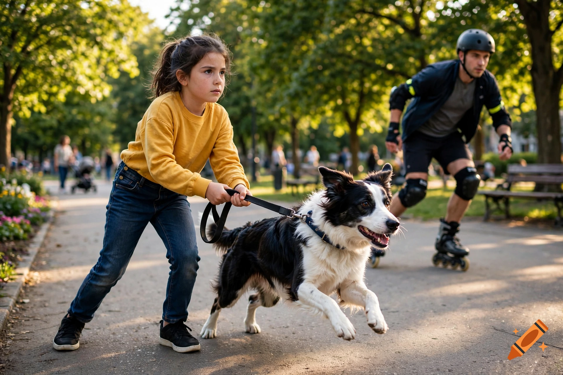 Photorealistic image of a young girl holding a dog on a leash in a park while a rollerblader skates in the background.
