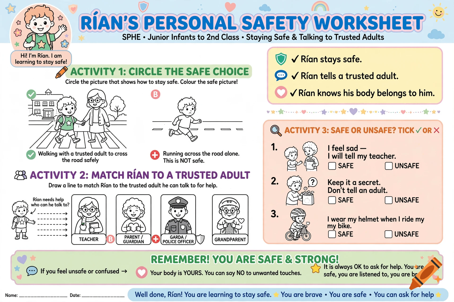 An educational safety worksheet for children featuring illustrations, activities, and rules about staying safe.
