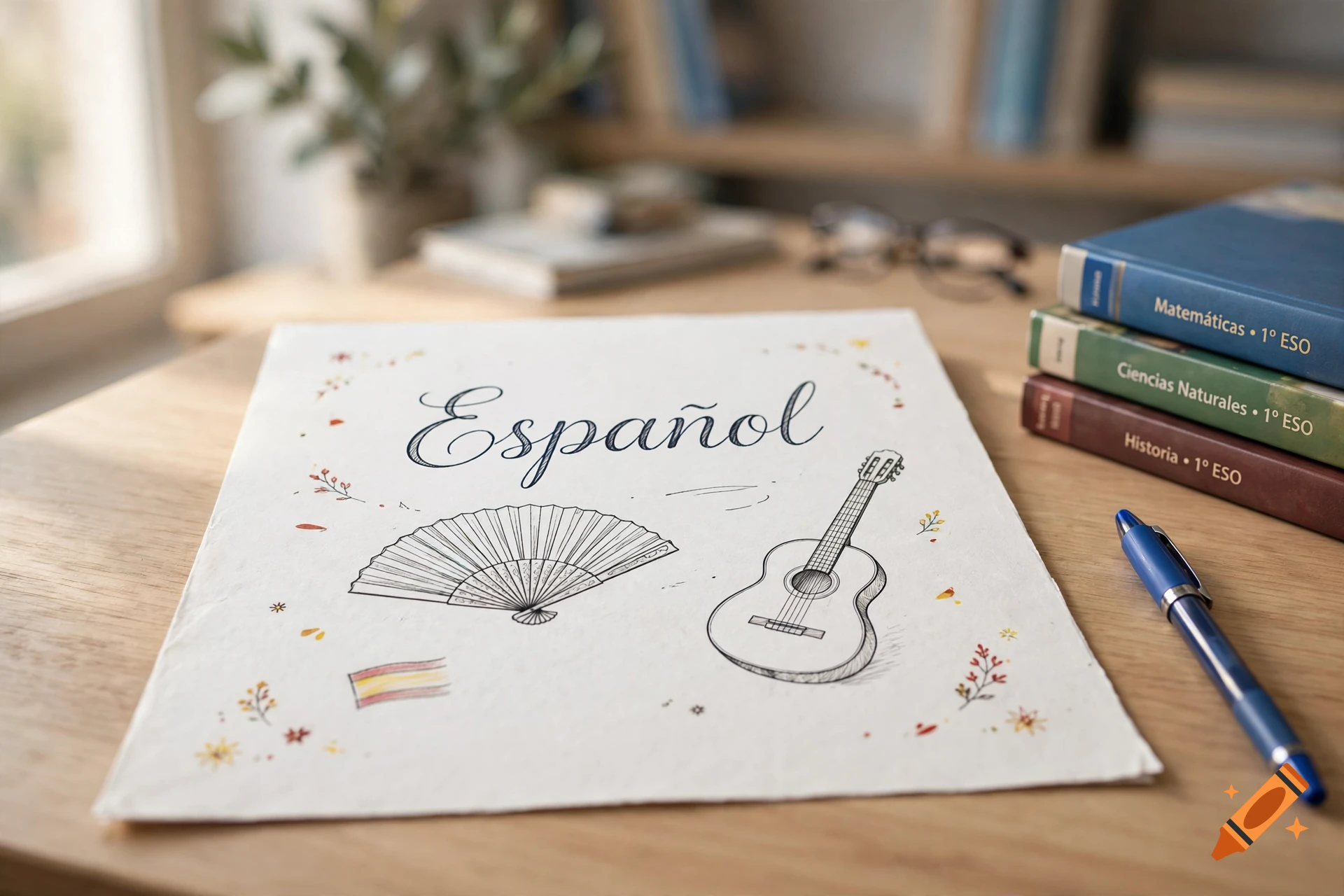 An illustrated Spanish school notebook cover with drawings of a fan, a guitar, and books on a wooden desk.
