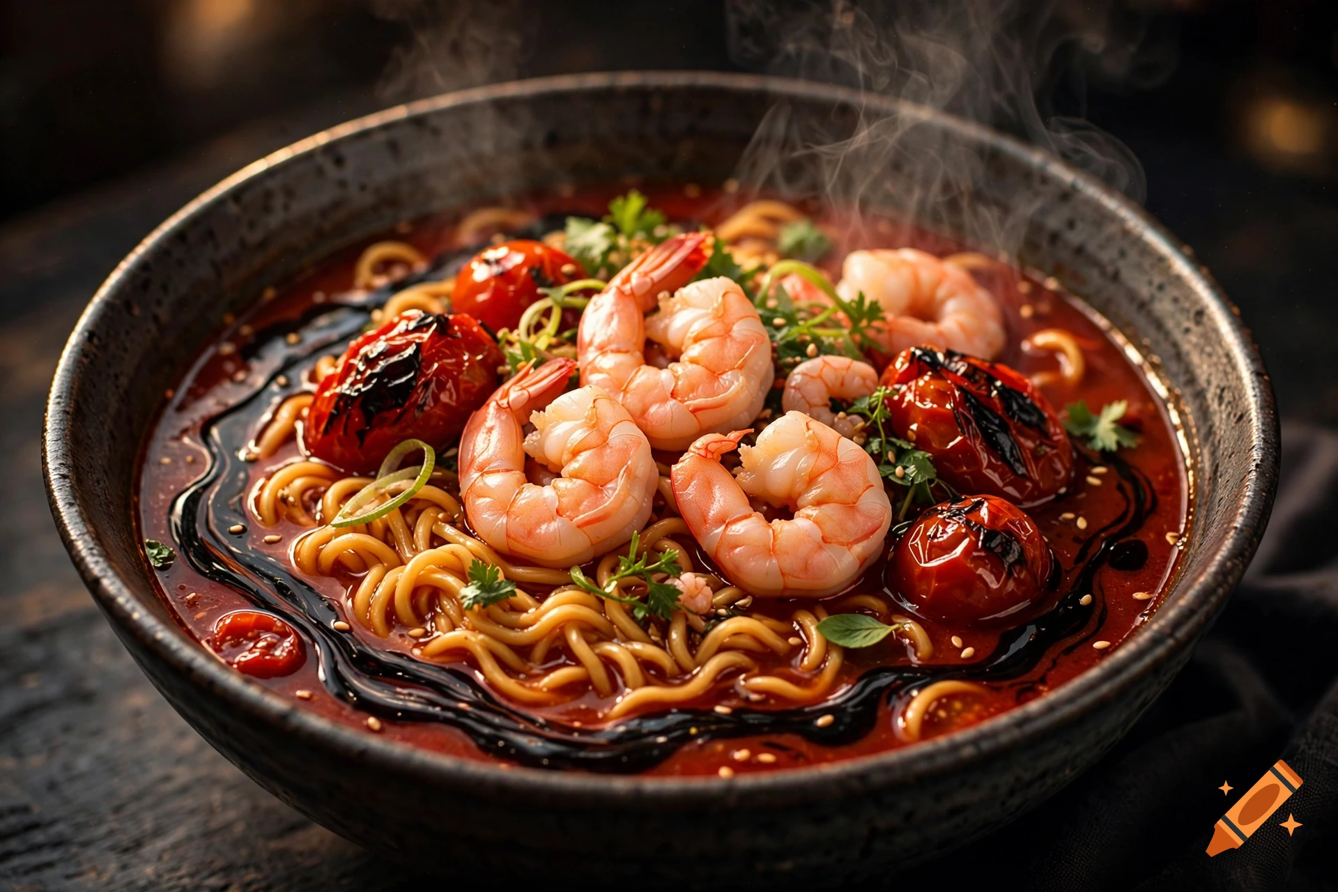Steaming bowl of shrimp and roasted tomato ramen with black garlic oil, photorealistic style.