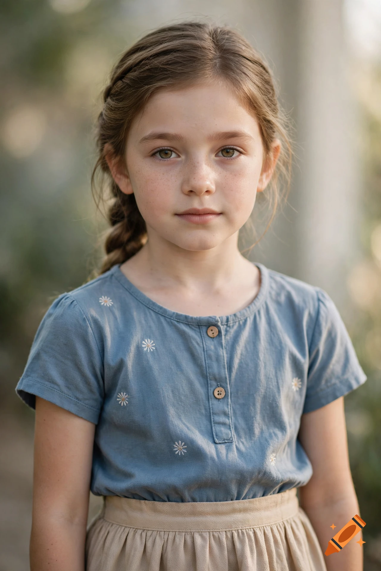Photorealistic portrait of a young girl with freckles and a braided hairstyle, wearing a blue shirt with small embroidered daisies.