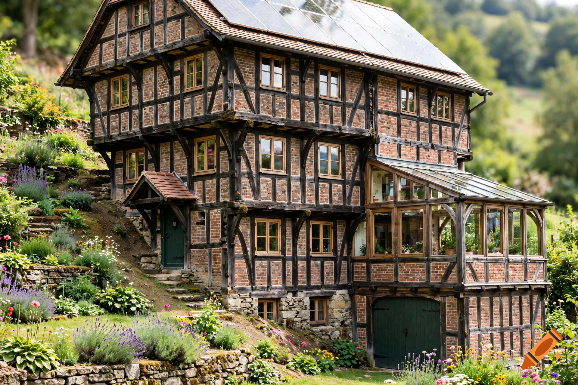 Photorealistic traditional half-timbered house with brick infill, solar panels, and a greenhouse on the side, set on a sloping hillside garden.