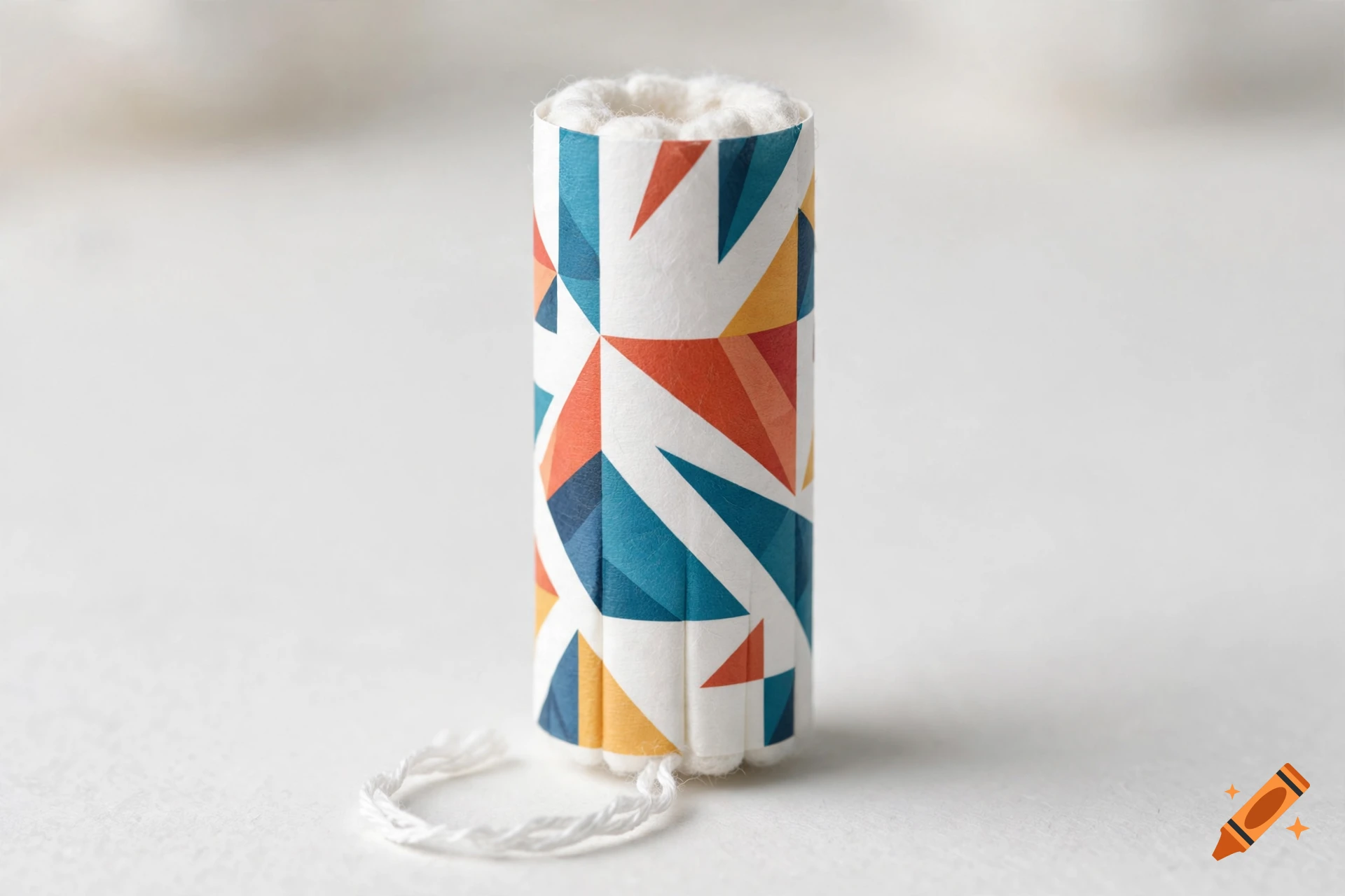 A stylized tampon with geometric colorful patterns standing on a white surface with a string in front, photorealistic.