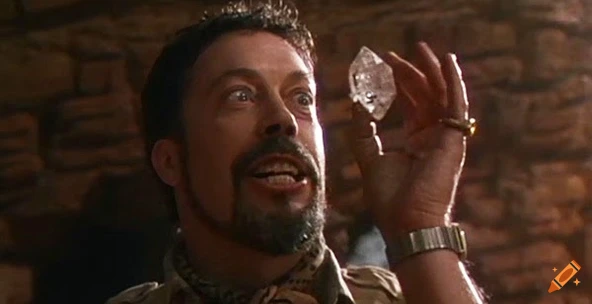 Close-up of actor Tim Curry as Long John Silver examining a crystal in a dimly lit room.