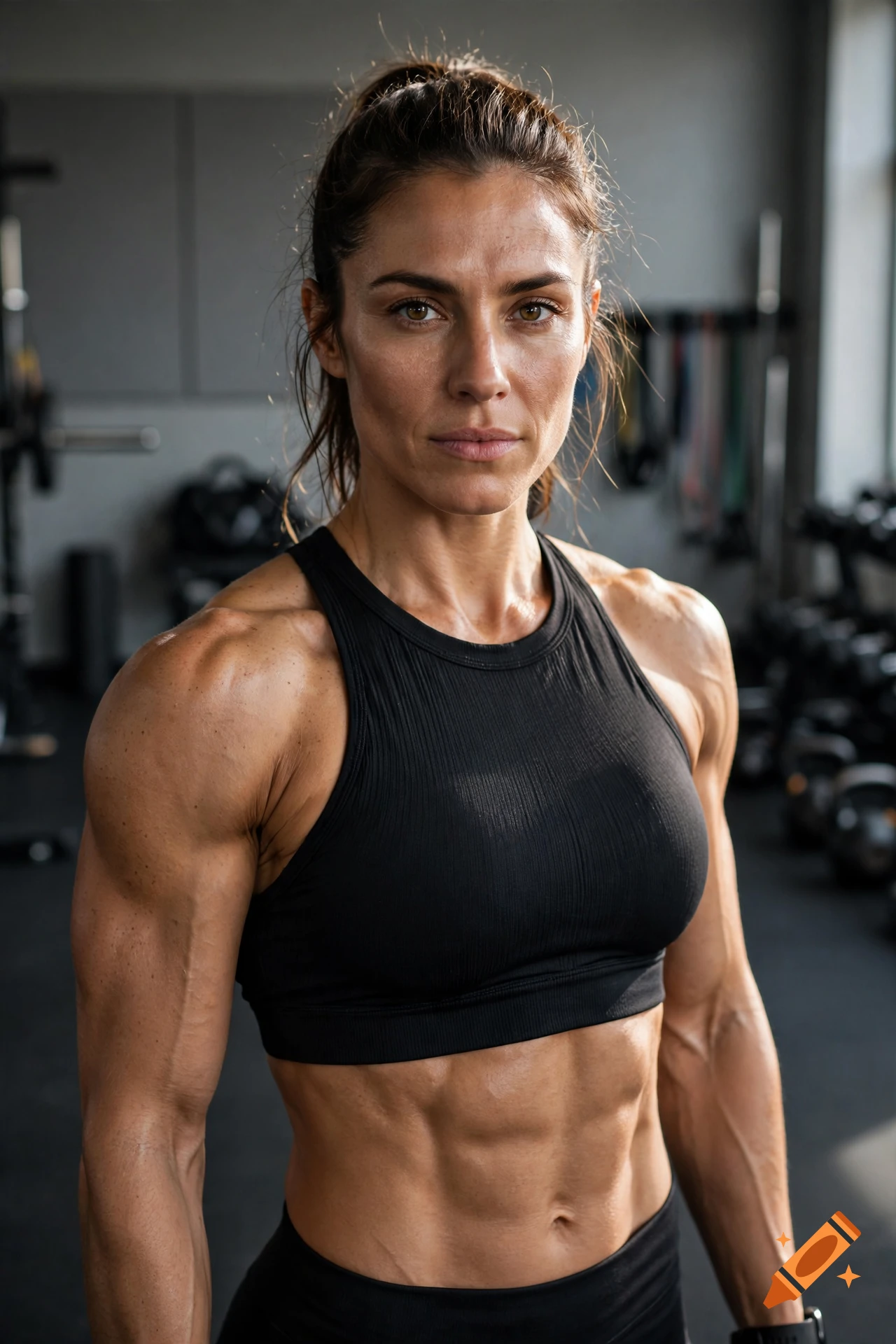 Portrait of a muscular athletic woman in a gym wearing a black crop top.