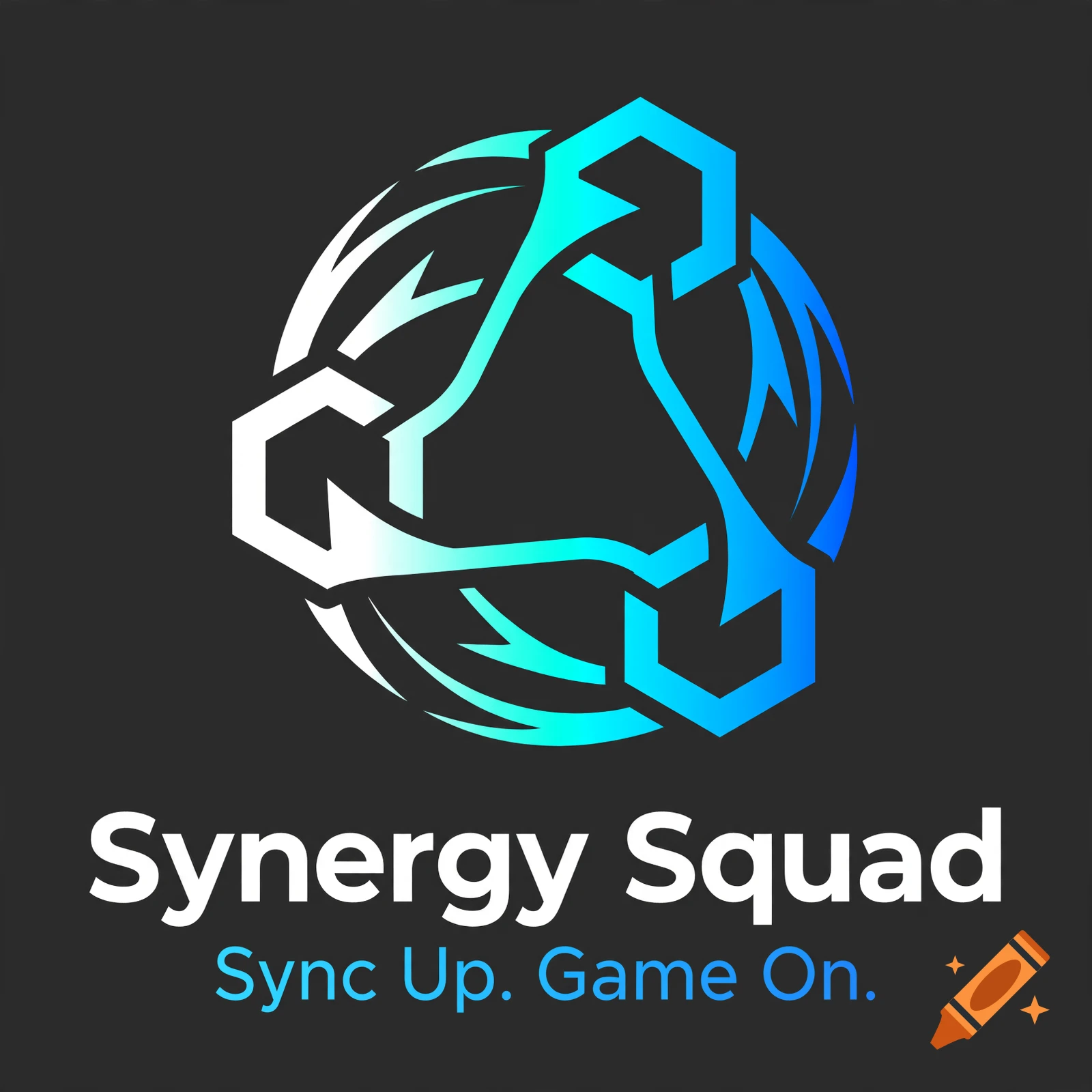 An abstract cyan and white logo with interlocking shapes above the text Synergy Squad and Sync Up. Game On. on a dark gray background.
