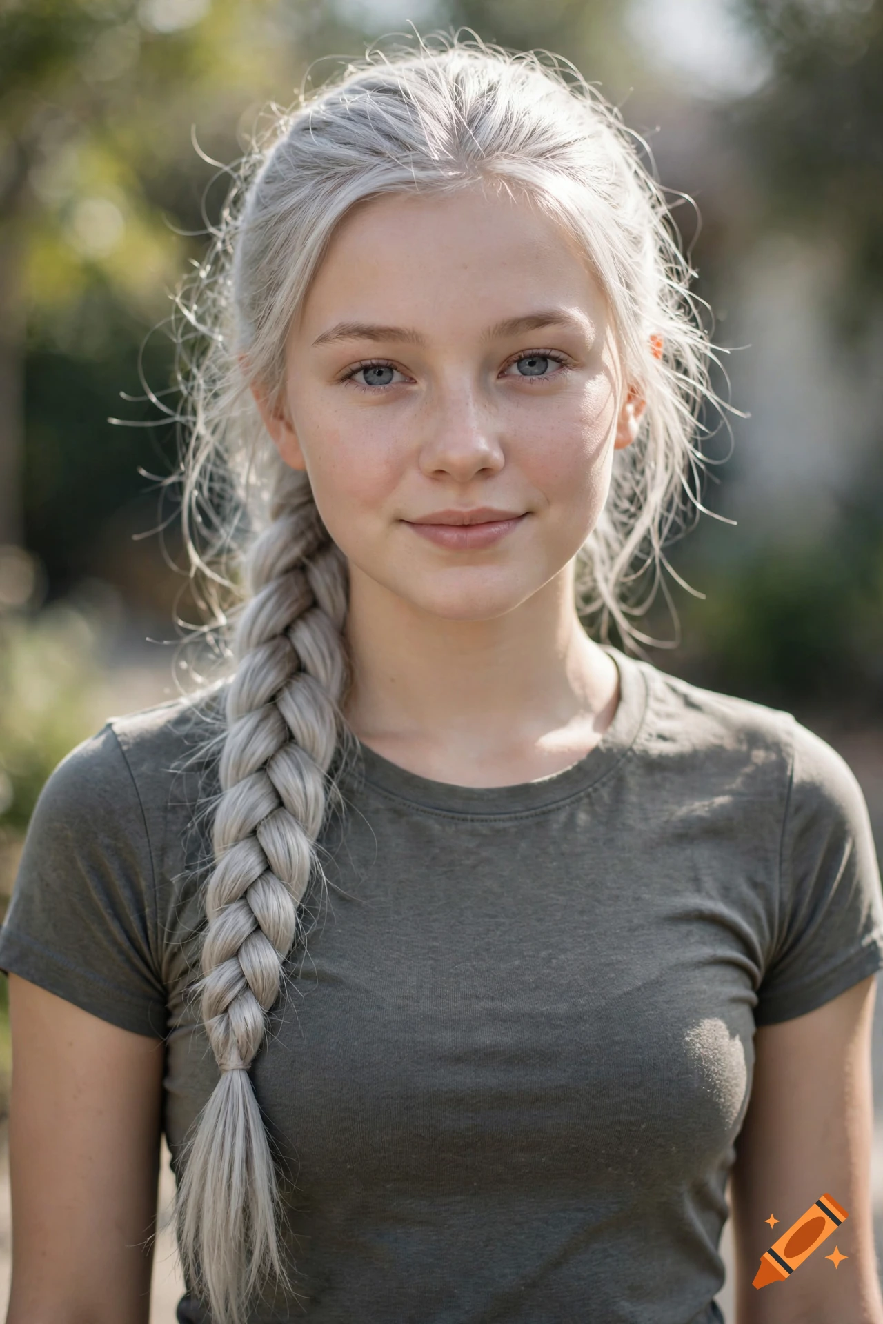 Photorealistic close-up portrait of a young woman with a long silver braid, freckles, and grey-blue eyes, wearing a green t-shirt.