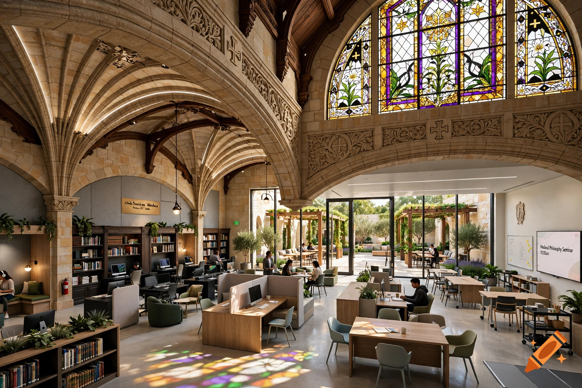 An expansive study hall and library featuring Gothic arched ceilings, large stained-glass windows, and numerous modern desks and seating areas with students working.