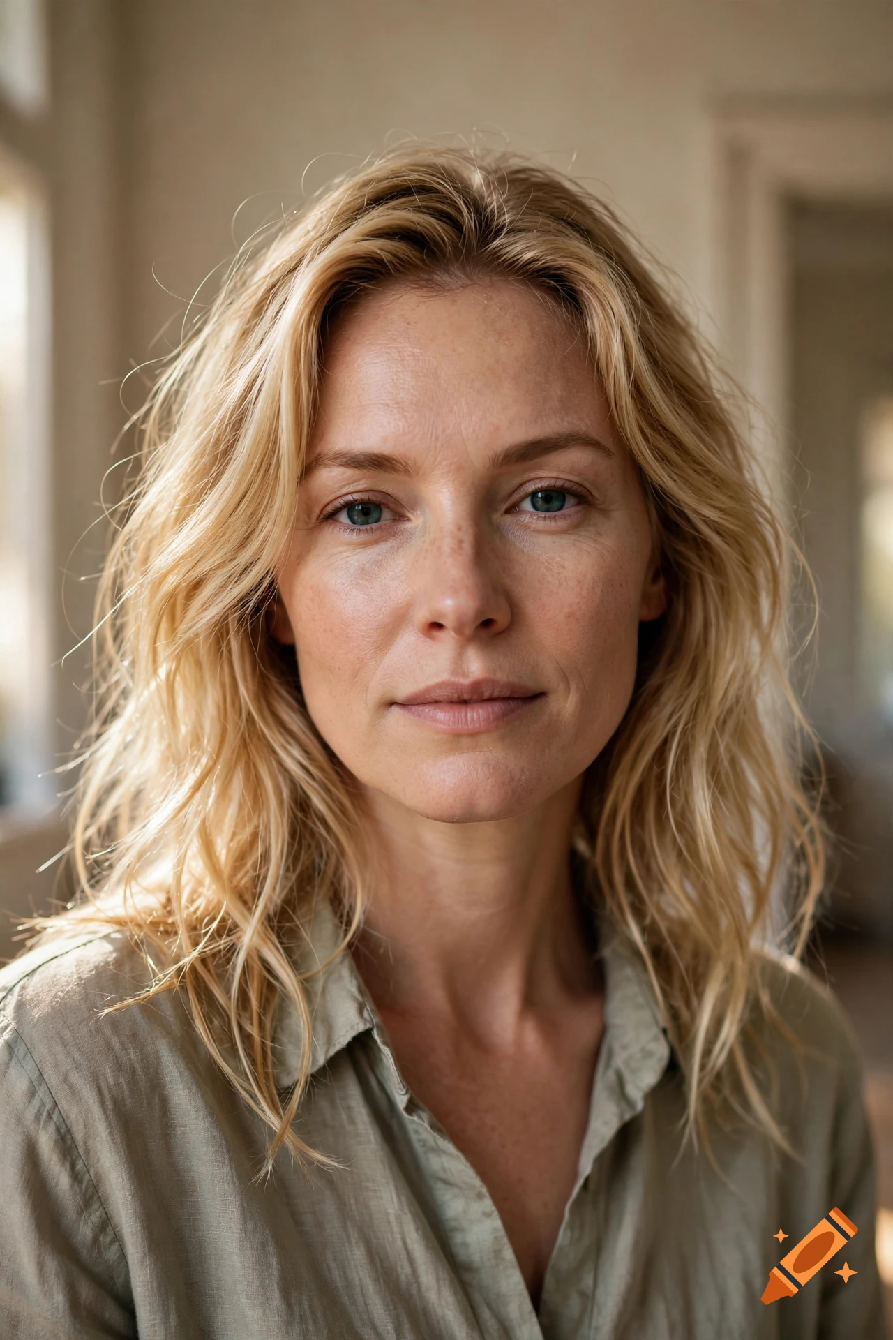 Close-up photorealistic portrait of a blonde woman with freckles wearing a green shirt.