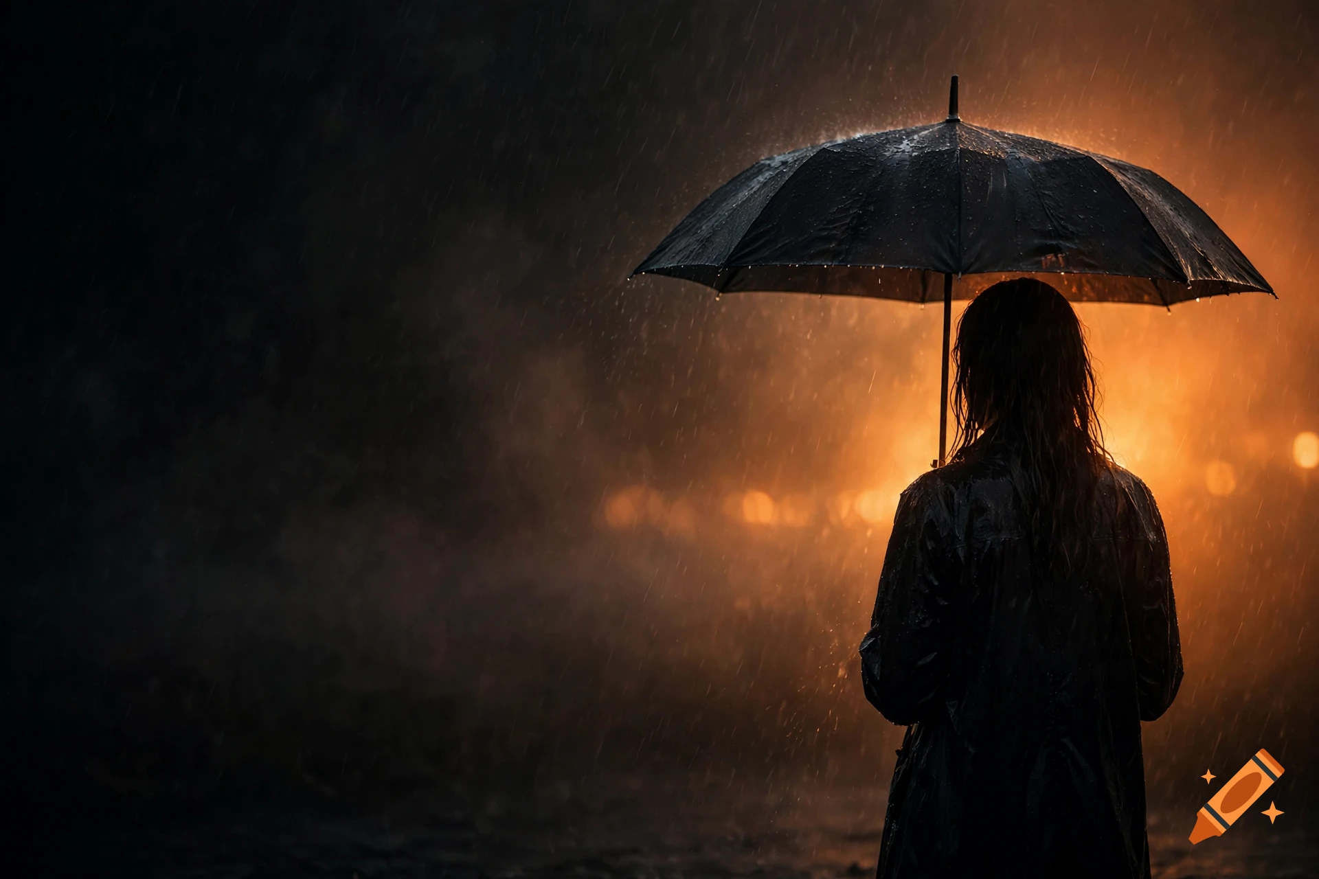 Silhouette of a person from behind holding a black umbrella in the rain against an orange glowing background, photorealistic.