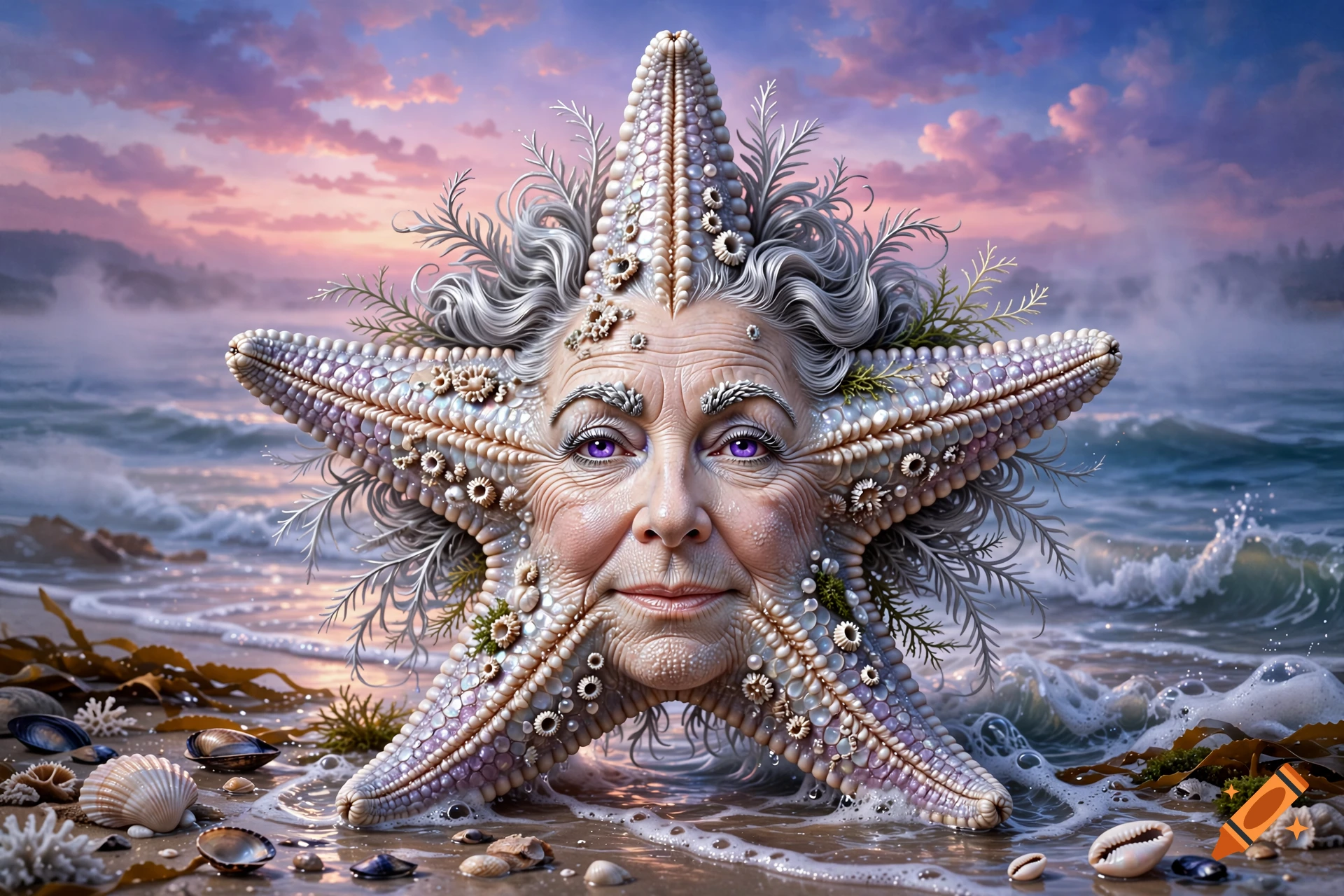 Surreal digital art of a starfish with the elderly face of Elizabeth Taylor, set on a beach at sunset.