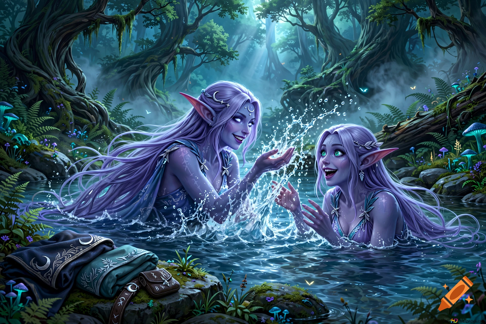 Two female night elves with purple skin and long hair bathing in a forest river, splashing water playfully in fantasy style.