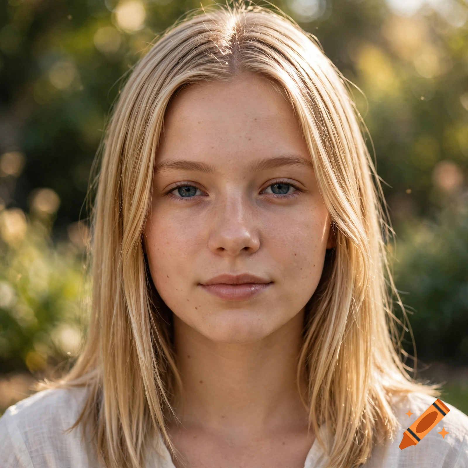 Close-up portrait of a young woman with straight blonde hair and blue eyes, outdoors in soft sunlight.