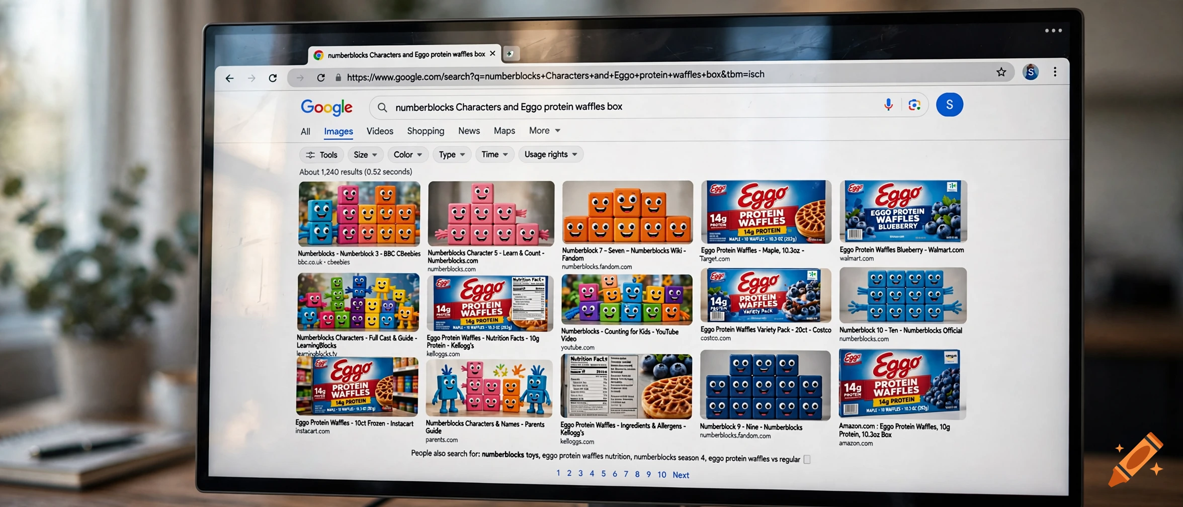 A monitor displaying a Google image search results page for numberblocks characters and Eggo protein waffles.