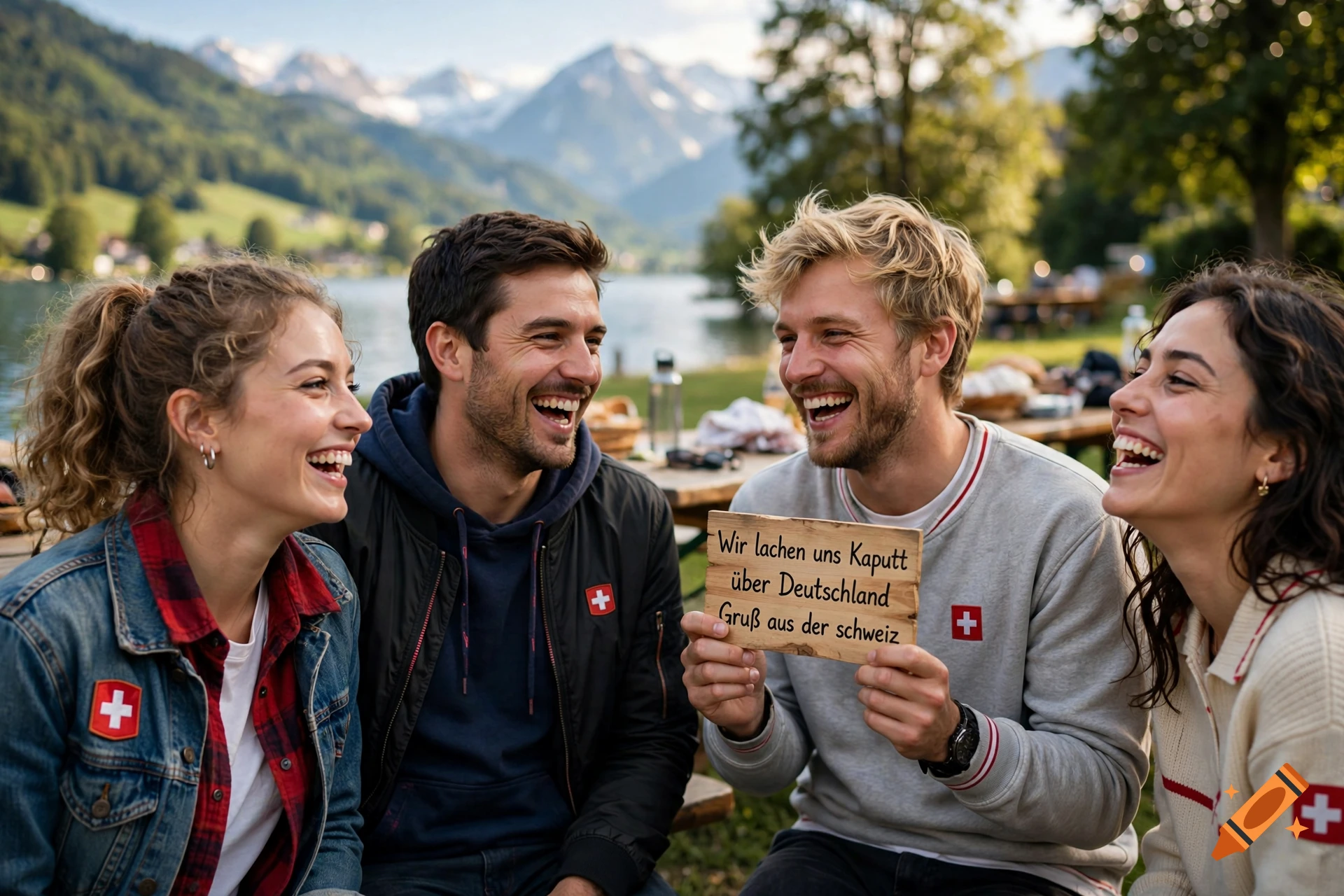 Four friends laughing together outdoors near a lake, holding a wooden sign with German text.