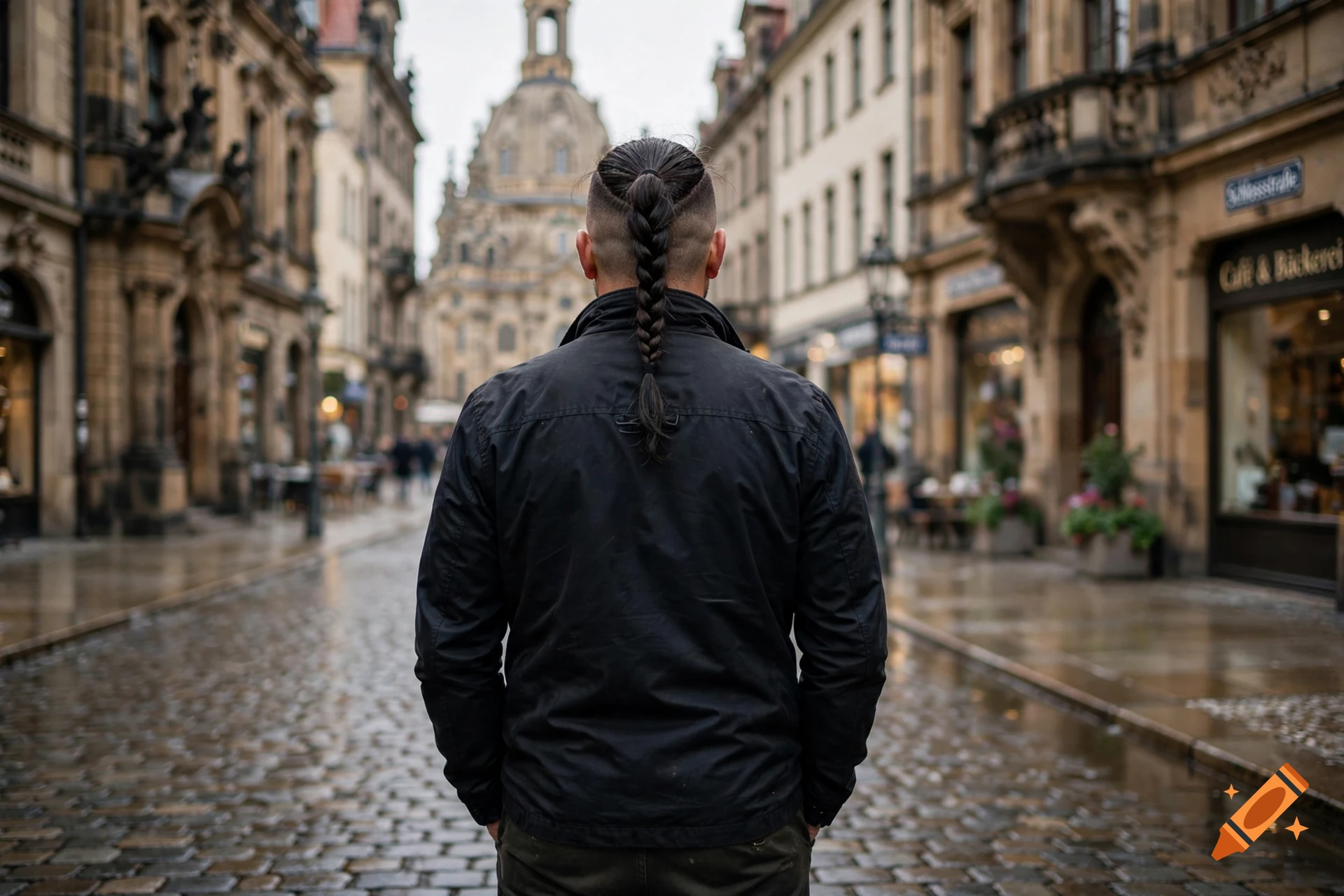 Photorealistic back view of a man with an undercut and braided hair standing on a wet cobblestone street in Dresden.