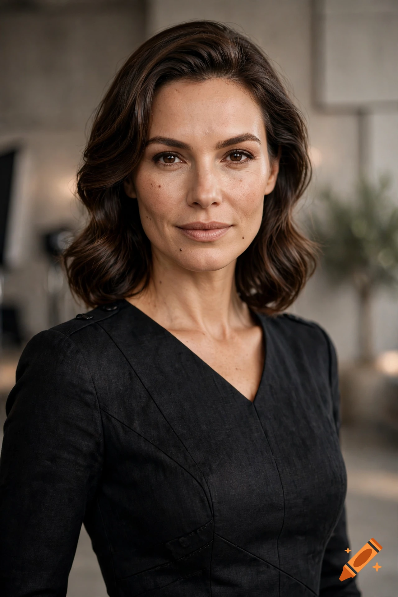 Portrait of a woman with dark wavy hair and a black V-neck top in an indoor setting.
