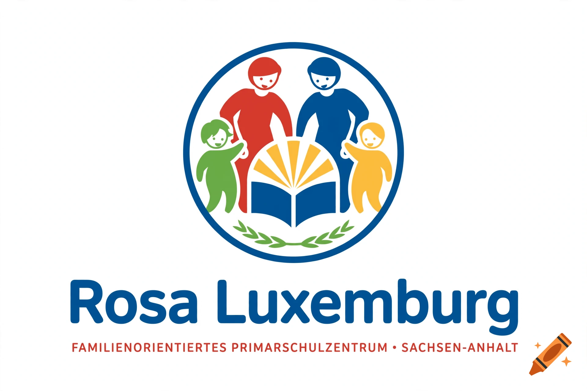 Logo featuring a family surrounding an open book, with the text Rosa Luxemburg Familienorientiertes Primarschulzentrum - Sachsen-Anhalt.