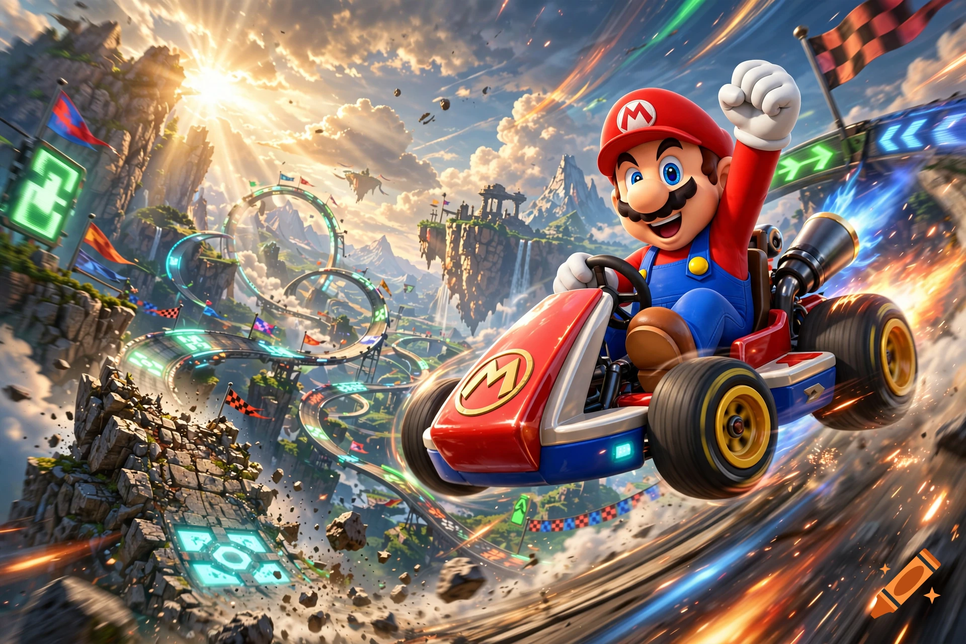 Mario driving a red kart, pumping his fist as he flies off a ramp on a winding track with a dramatic sky backdrop.