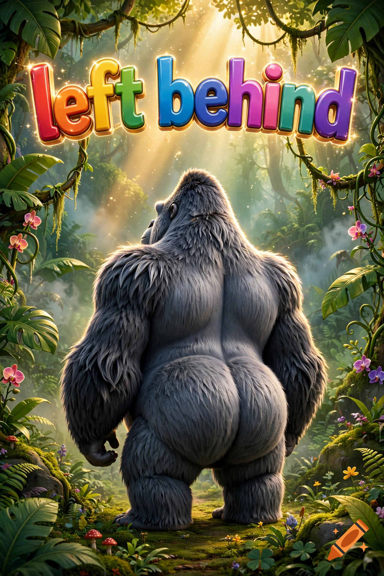 Pixar-style 3D animation poster of a gorilla facing away in a lush jungle, with the colorful text 'left behind' at the top.