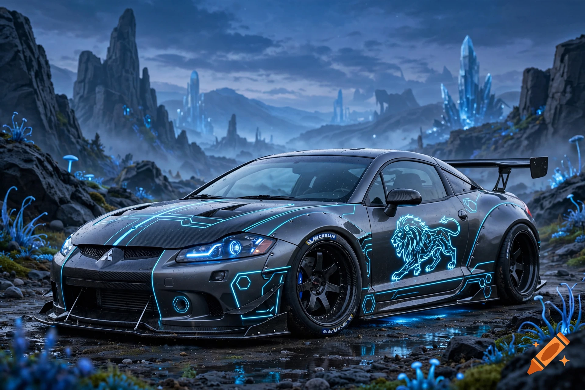 A dark futuristic modified sports car with glowing blue neon lines parked on an alien planet with crystal rock formations.