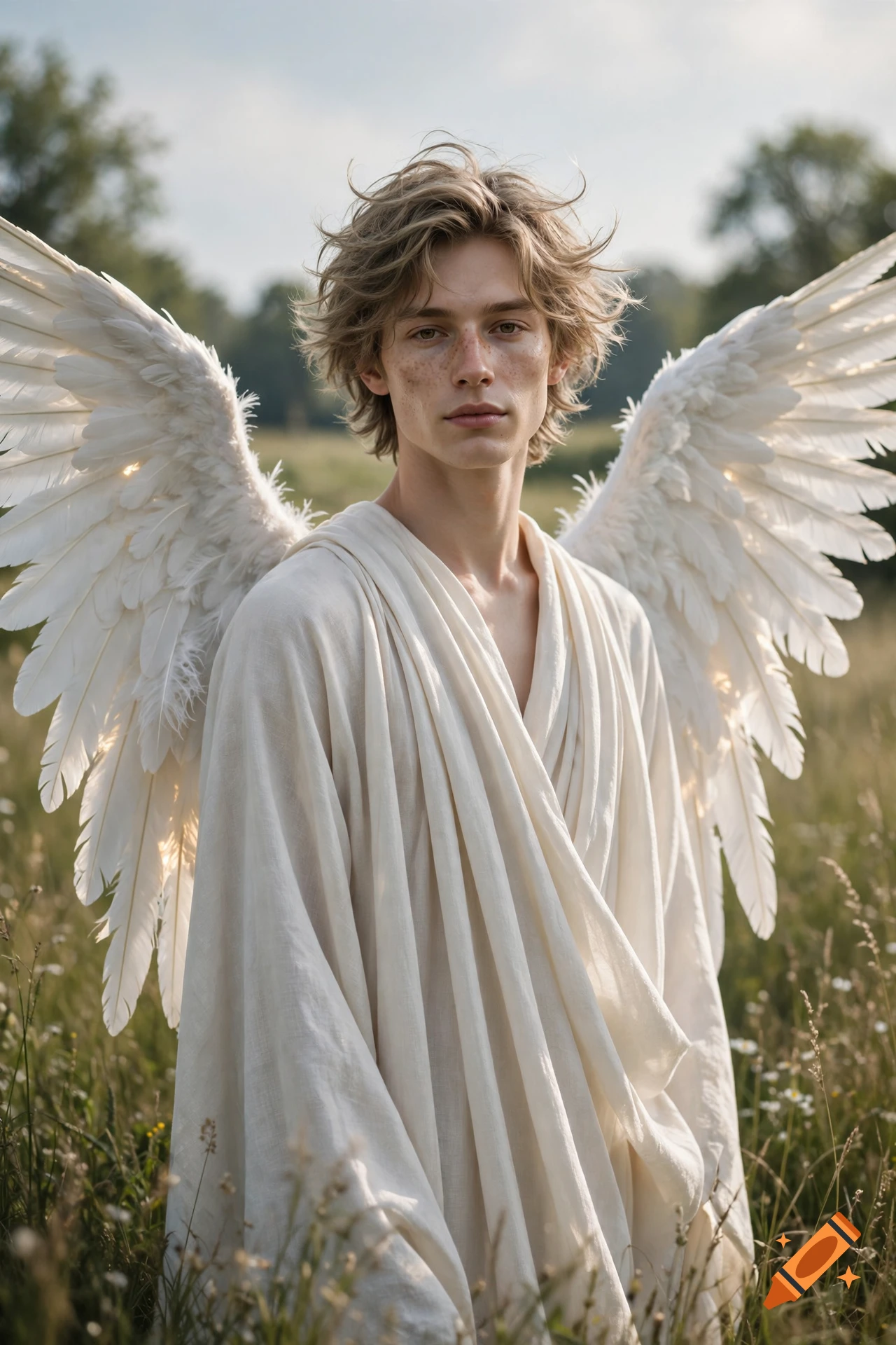 Photorealistic portrait of a young male angel with large white feathered wings, standing in a grassy field.