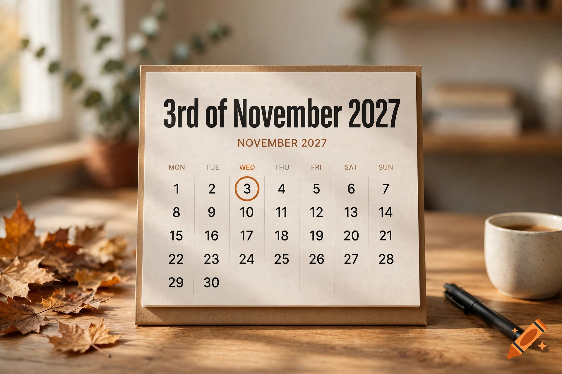 Photorealistic desk calendar showing November 2027, with autumn leaves, a coffee cup, and a pen on a wooden table.