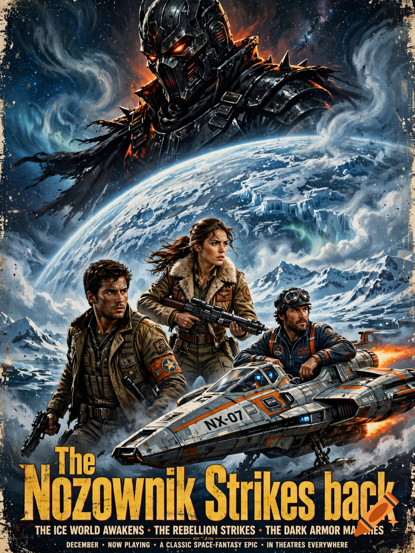 Retro sci-fi movie poster featuring a dark armored villain above a planet, with rebels and a spaceship below, and the title 'The Nozownik Strikes back'.