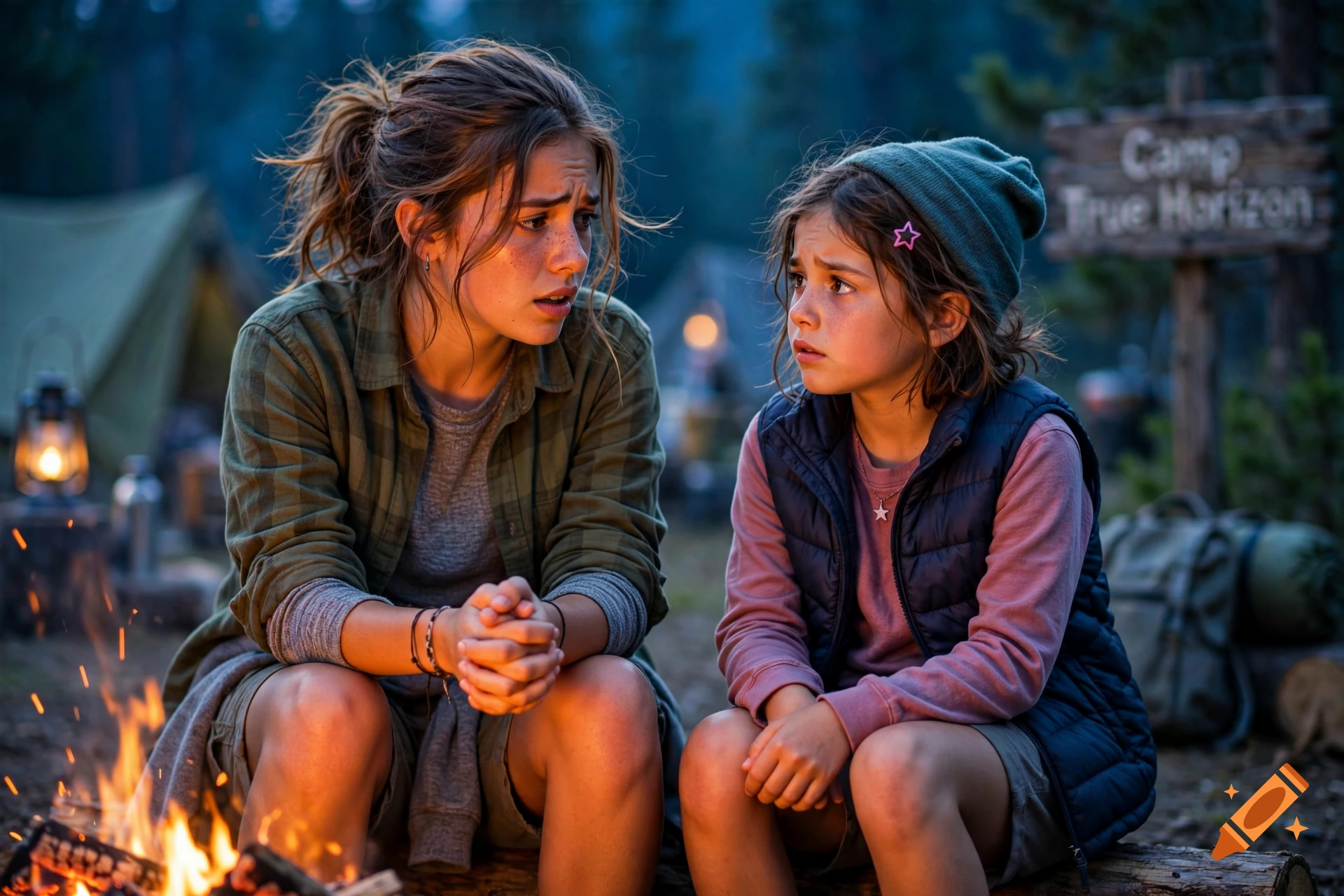 Photorealistic image of two sisters talking by a campfire at Camp True Horizon.