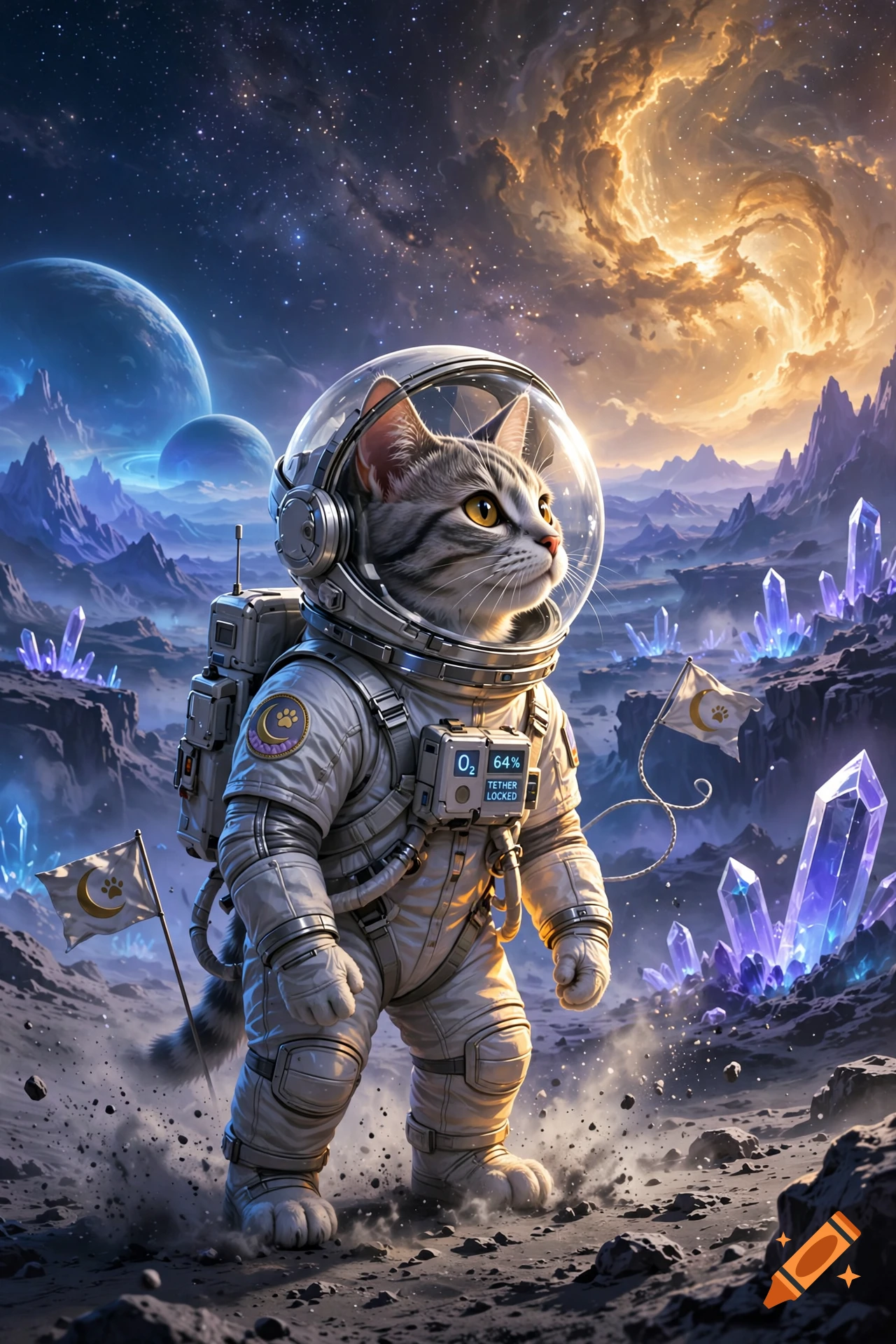An astronaut cat in a detailed spacesuit standing on an alien planet with glowing crystals and distant nebulae.