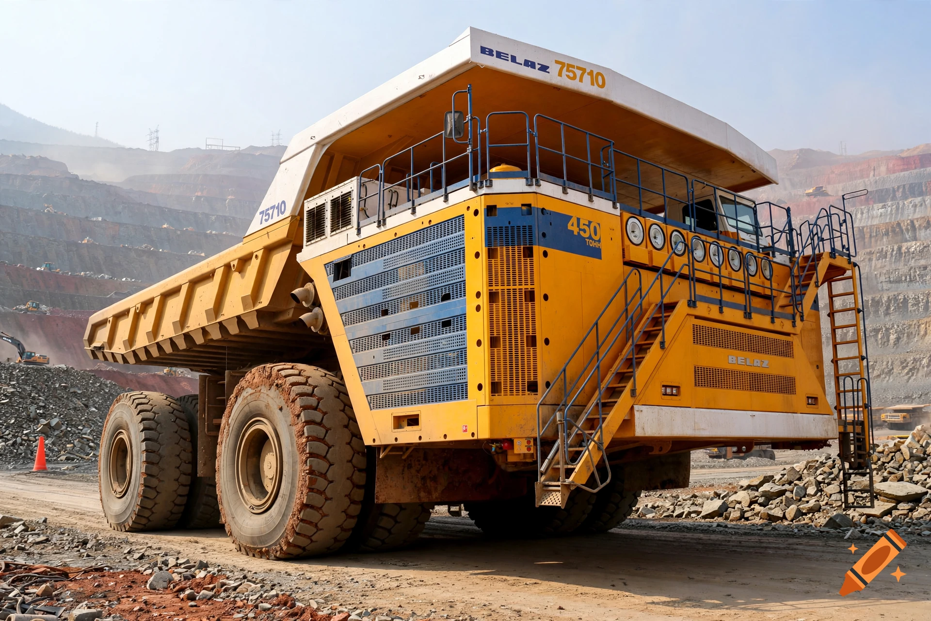 Photorealistic image of a massive yellow and white BelAZ 75710 mining dump truck in a quarry.