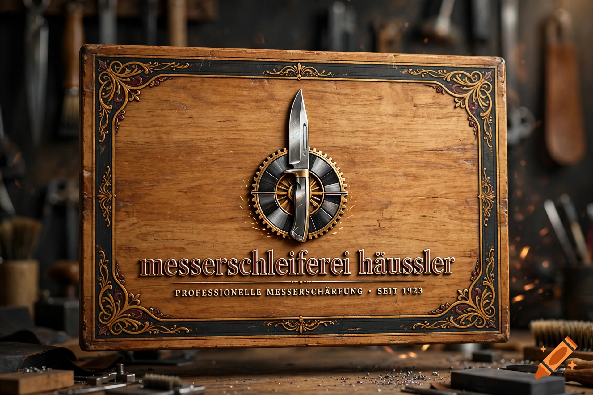 A photorealistic wooden sign with ornate corners displaying a knife logo and the text 'messerschleiferei häussler', in a workshop setting.