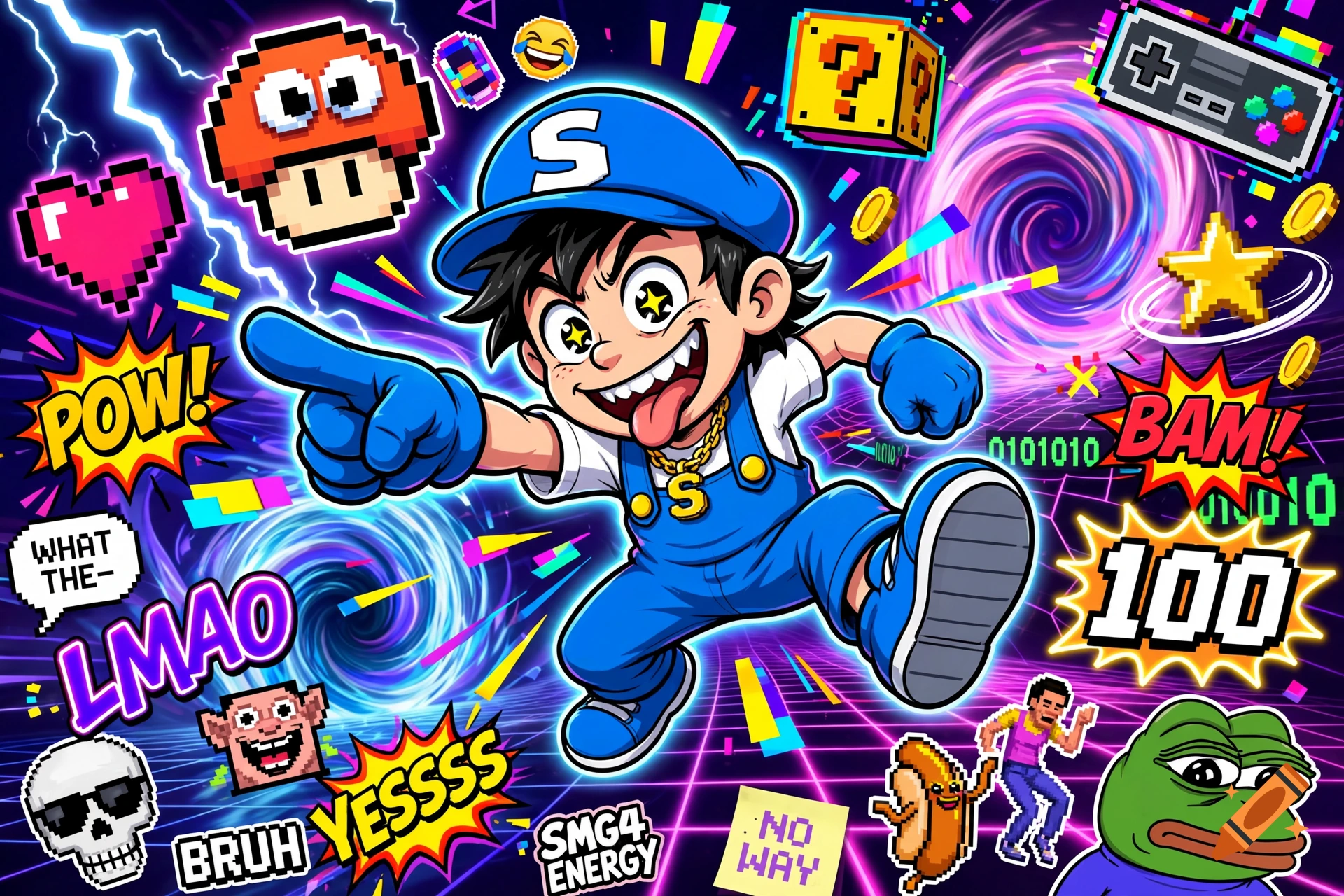 A cartoon illustration of a young male character in blue overalls and a blue cap, surrounded by retro video game elements and internet memes against a vibrant digital background.