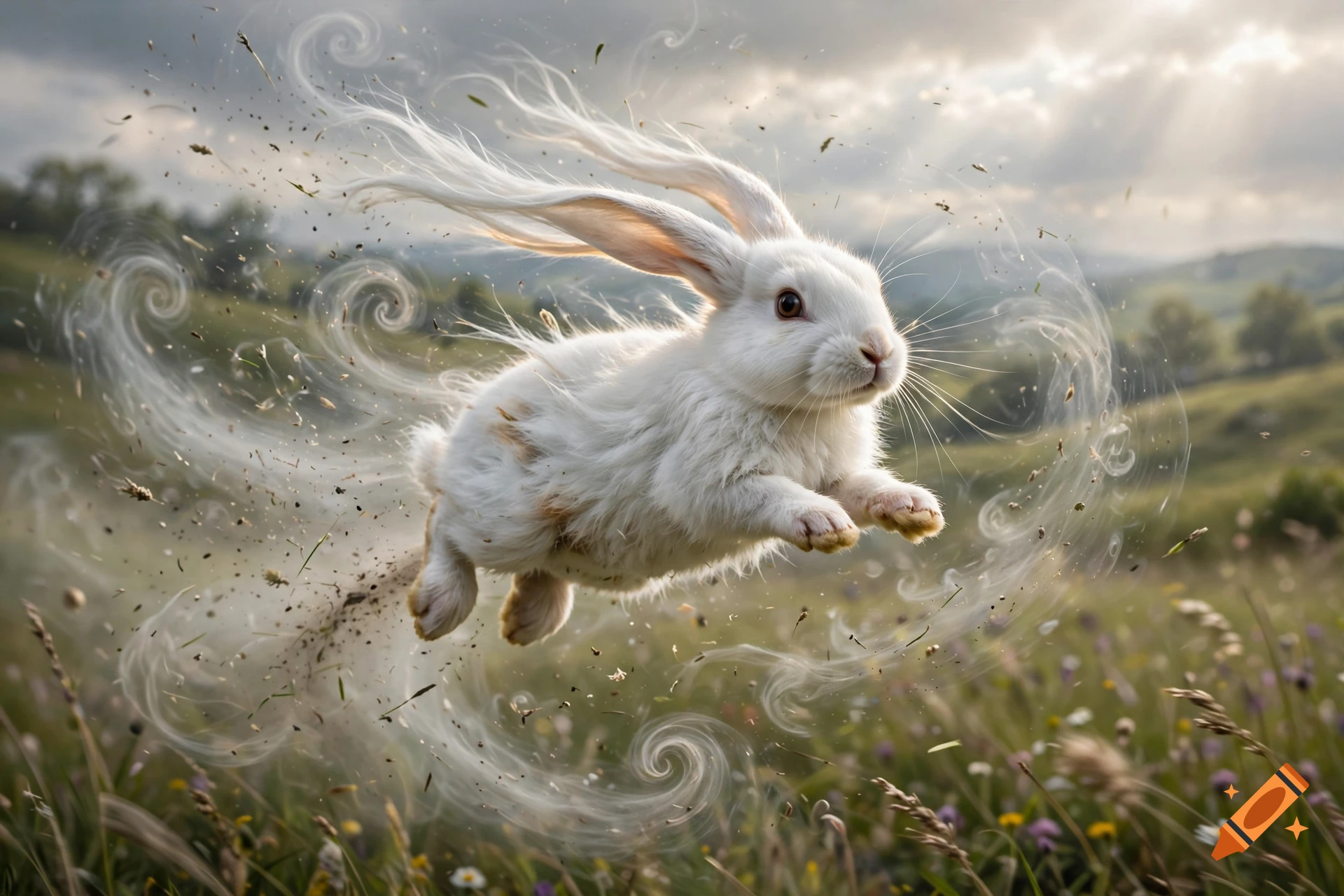 A photorealistic white bunny flying through the air, surrounded by magical swirling wind and debris in a grassy field.