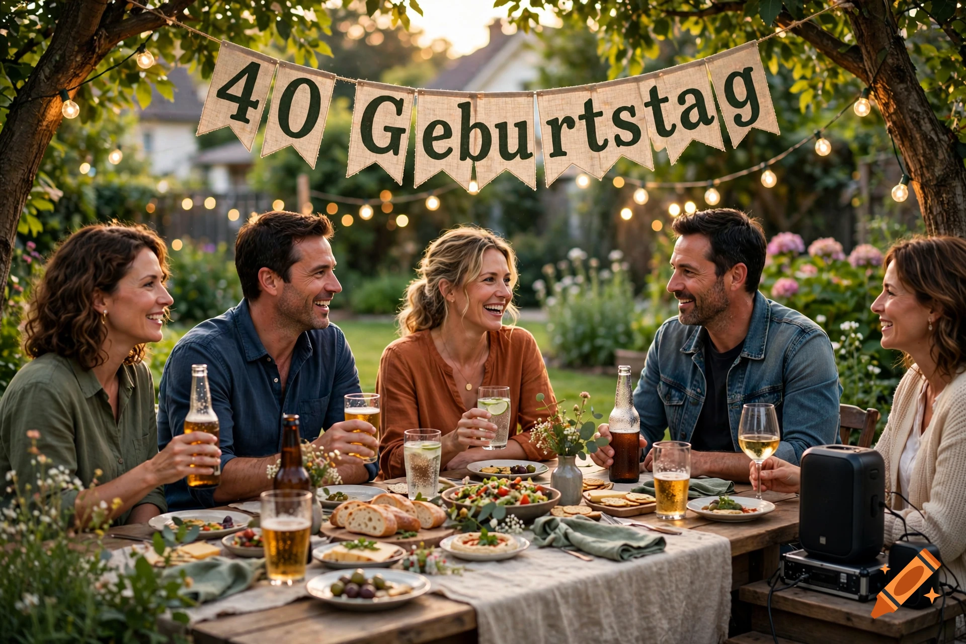 A group of friends celebrating a 40th birthday with food and drinks at an outdoor garden table decorated with string lights.
