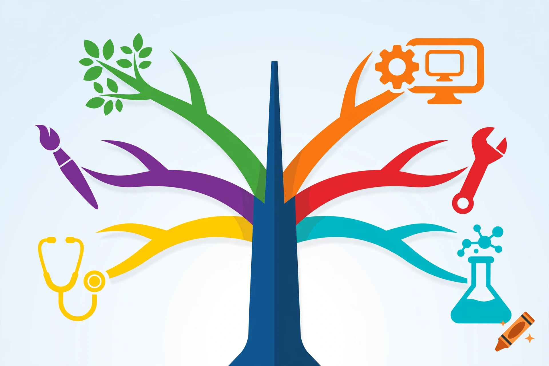 Flat vector illustration of a dark blue tree trunk with colorful branches and career icons against a light gradient background.