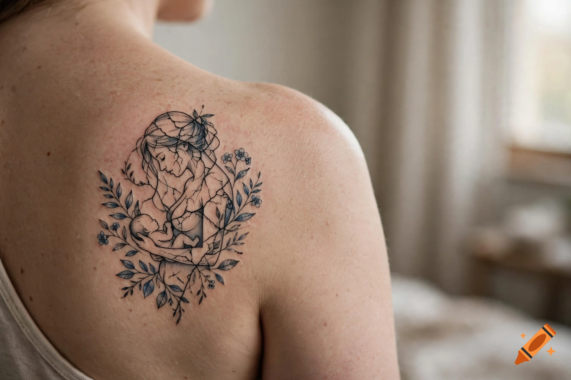 Close-up of a person's shoulder showing a detailed tattoo of a woman holding a baby, designed with cracked porcelain aesthetics and botanical elements.