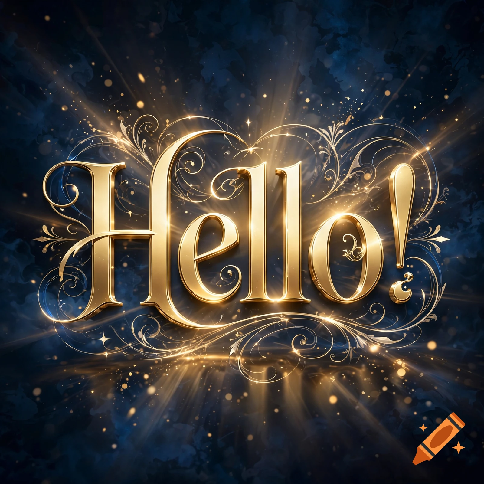 The word Hello! in shiny golden 3D lettering with decorative flourishes against a dark blue background with glowing light rays and sparkles.