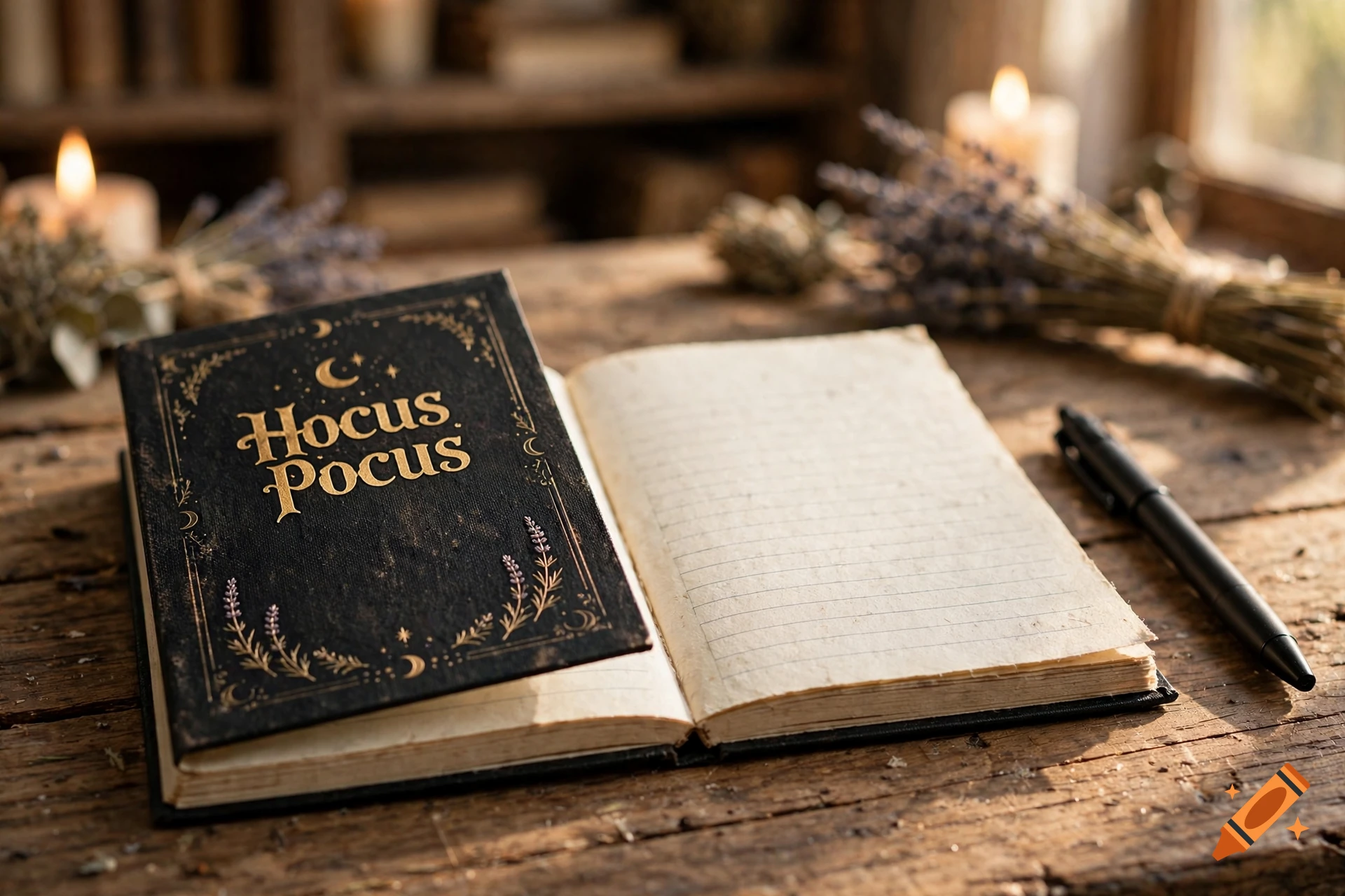 Photorealistic image of an open notebook with lined pages next to a closed black book titled Hocus Pocus on a wooden table.