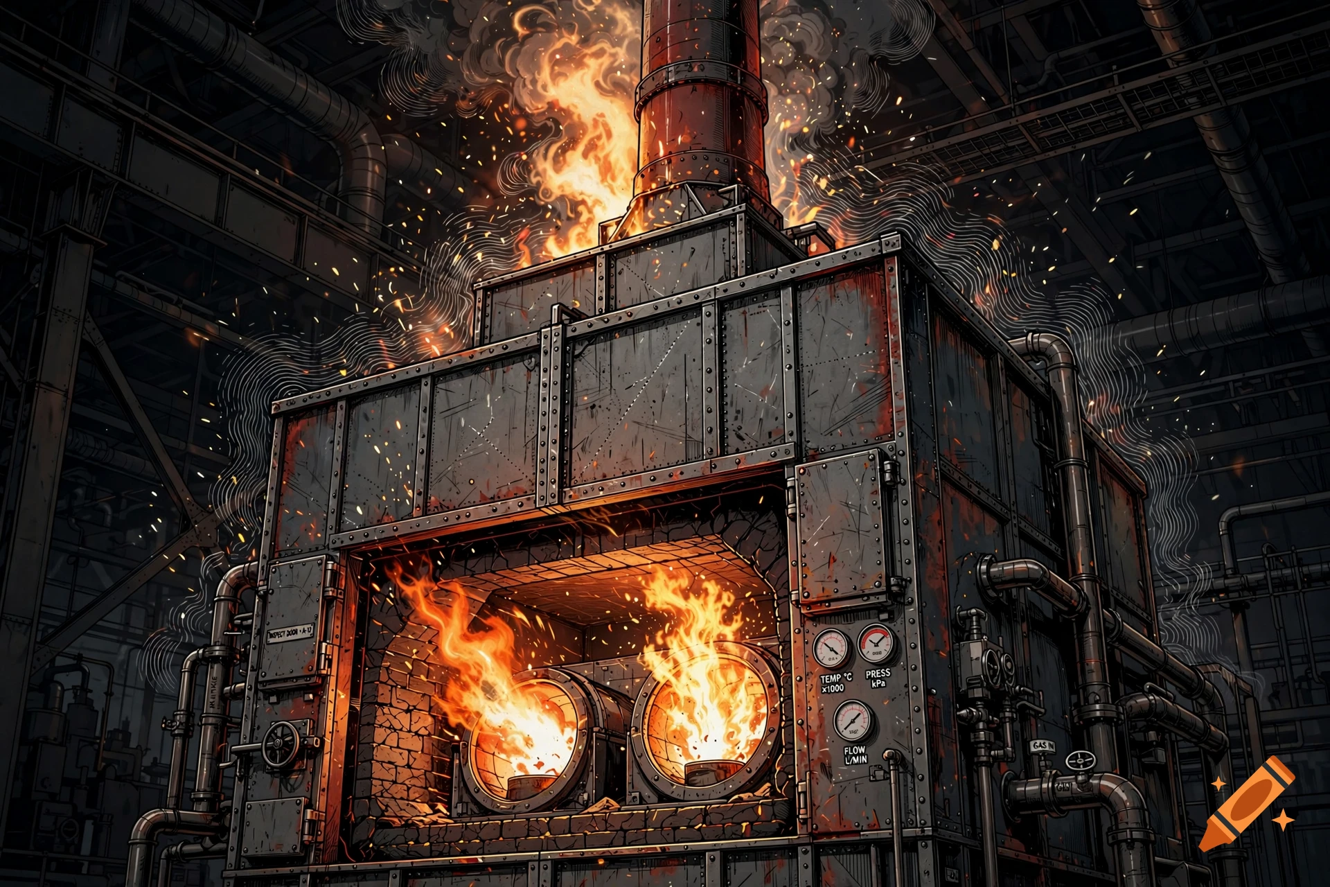 Detailed 2D drawing of an industrial furnace with dual burners, fierce flames, and escaping hot gases through a stack.