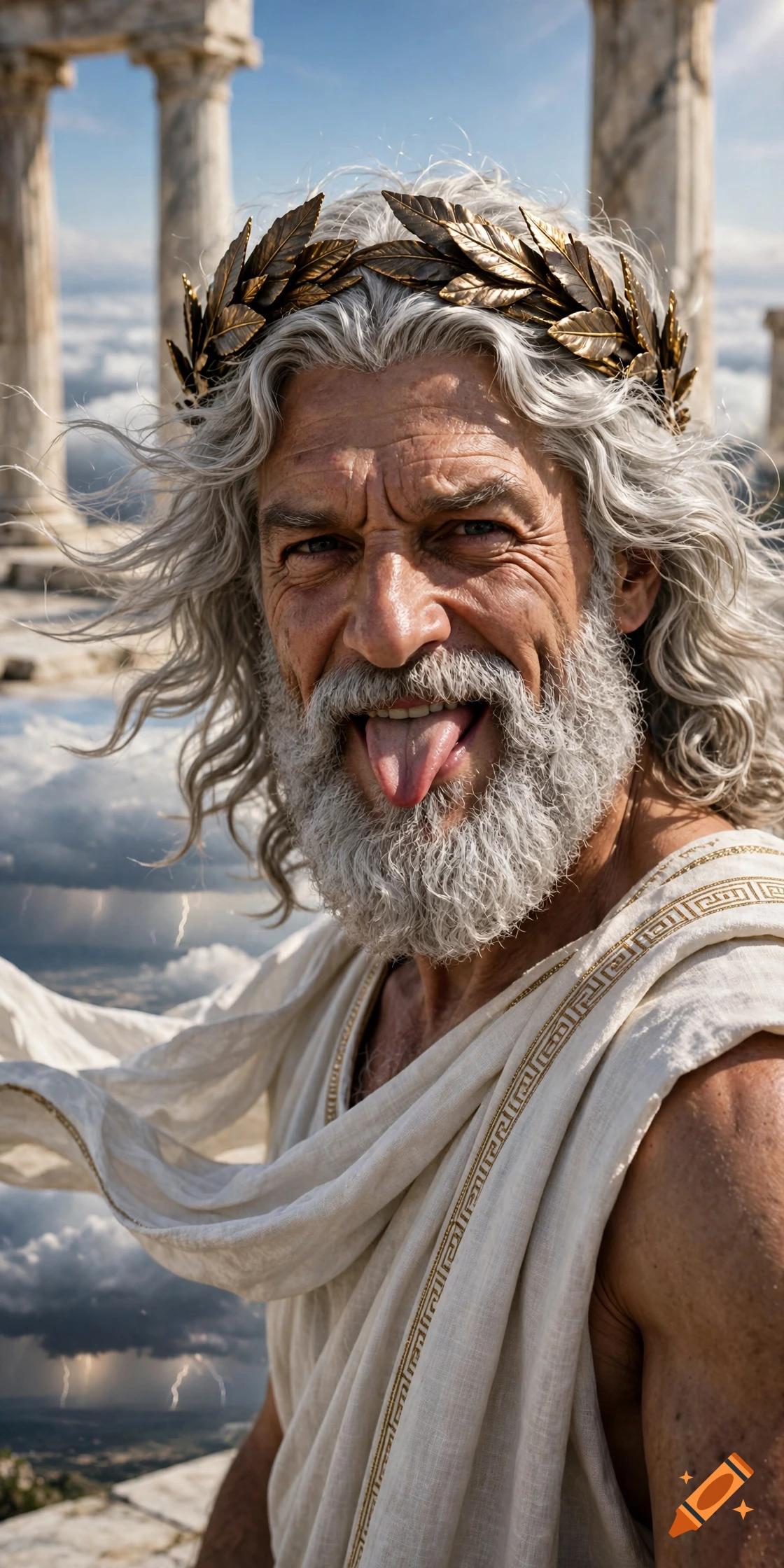 Photorealistic portrait of Zeus with long white hair and a golden laurel wreath, sticking his tongue out in front of a Greek temple.