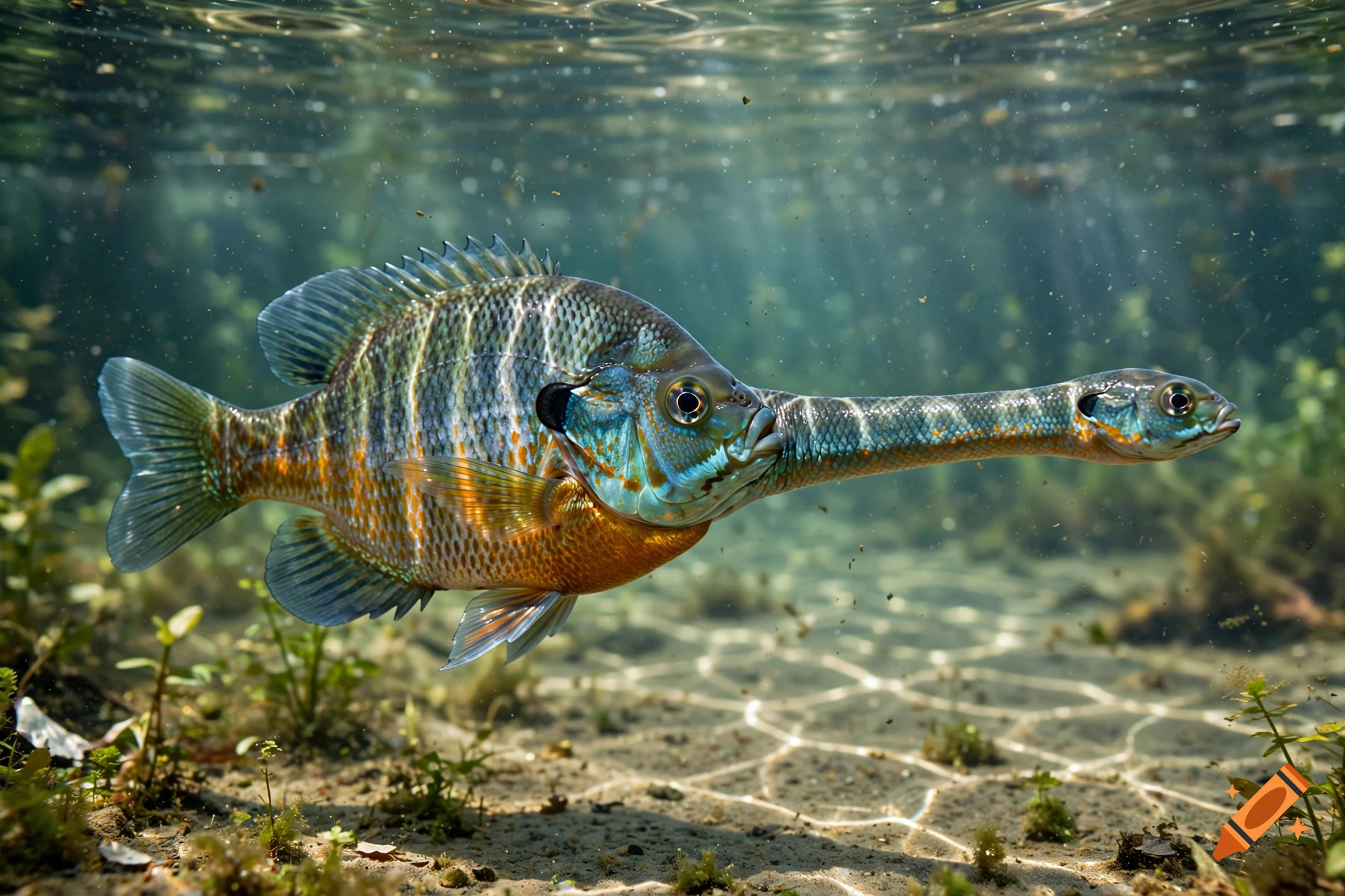 Photorealistic underwater view of a surreal bluegill fish with a long neck and a second head, swimming above a sandy bottom.