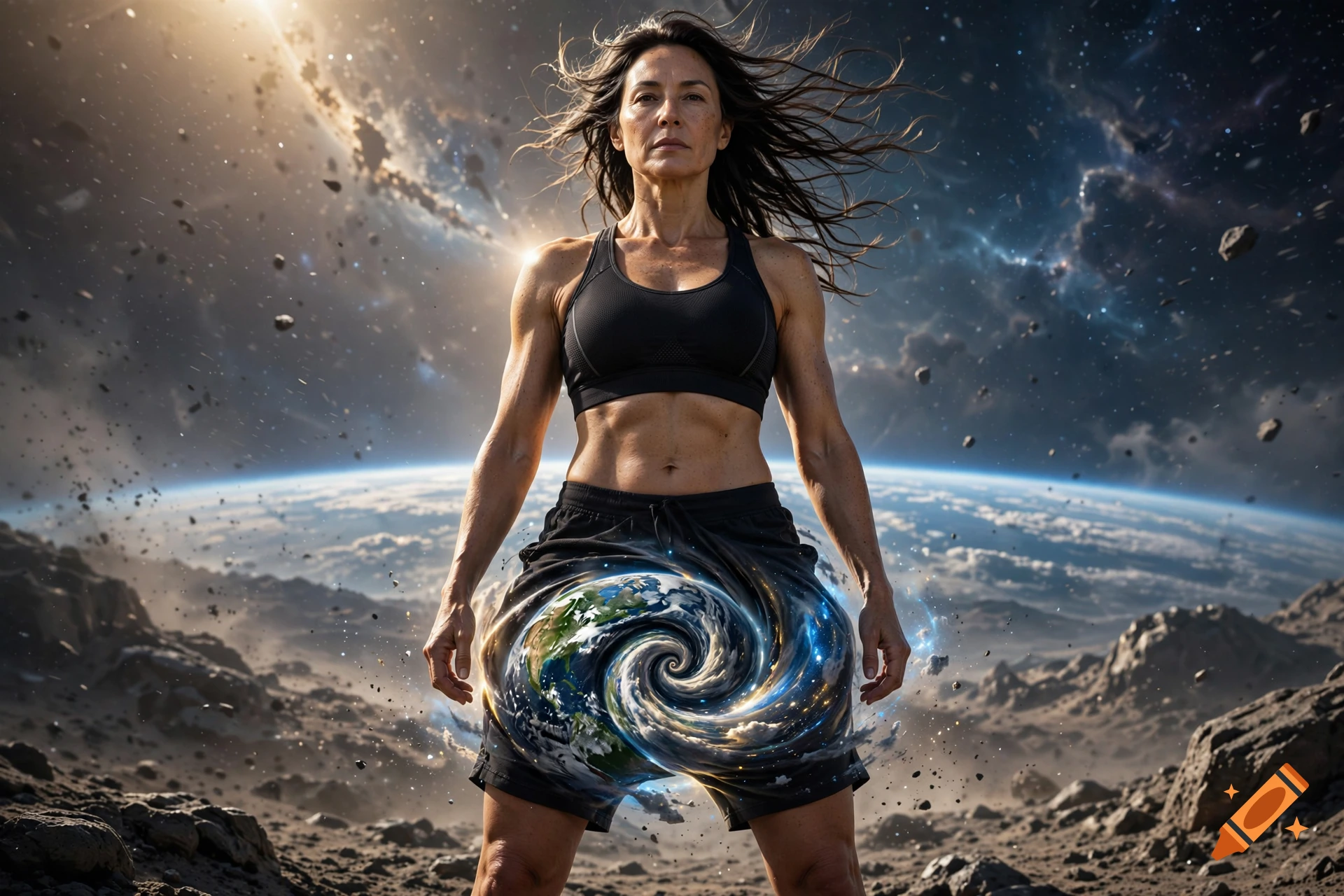 Photorealistic image of a muscular woman standing on a rocky planet surface in space, with the Earth swirling inside her shorts.