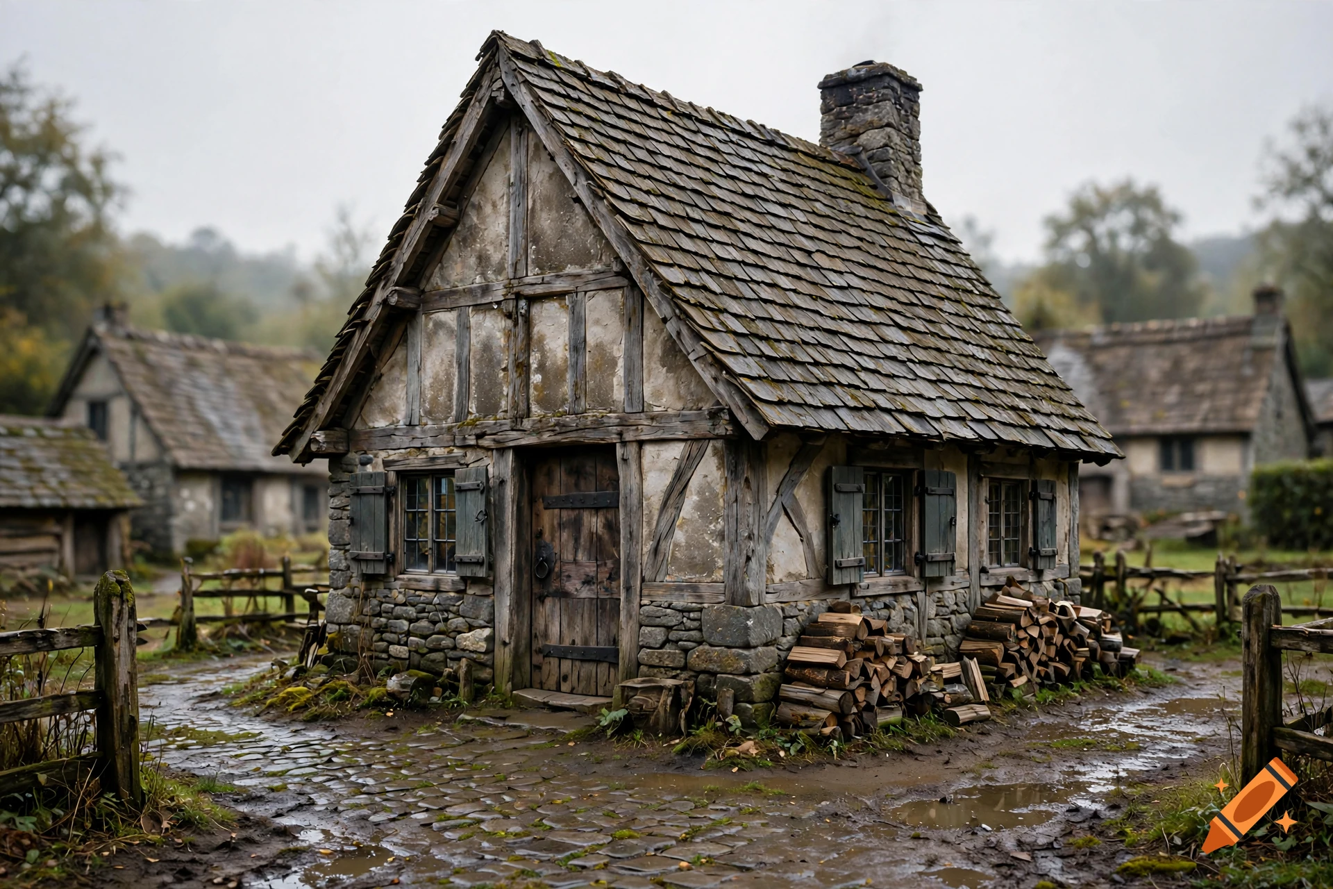 Photorealistic medieval timber-framed house with a stone foundation and slate roof in a village, on a rainy day.