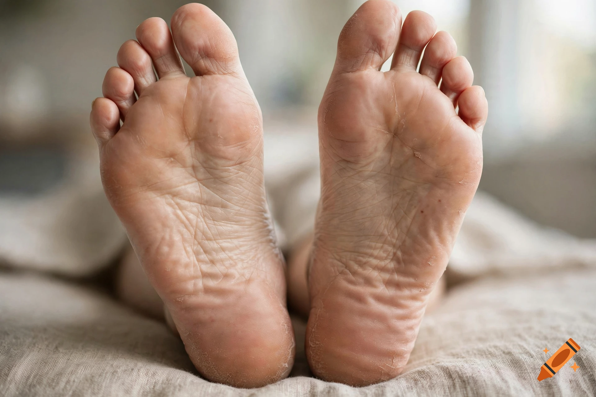 Close-up photograph of the soles of two human feet.
