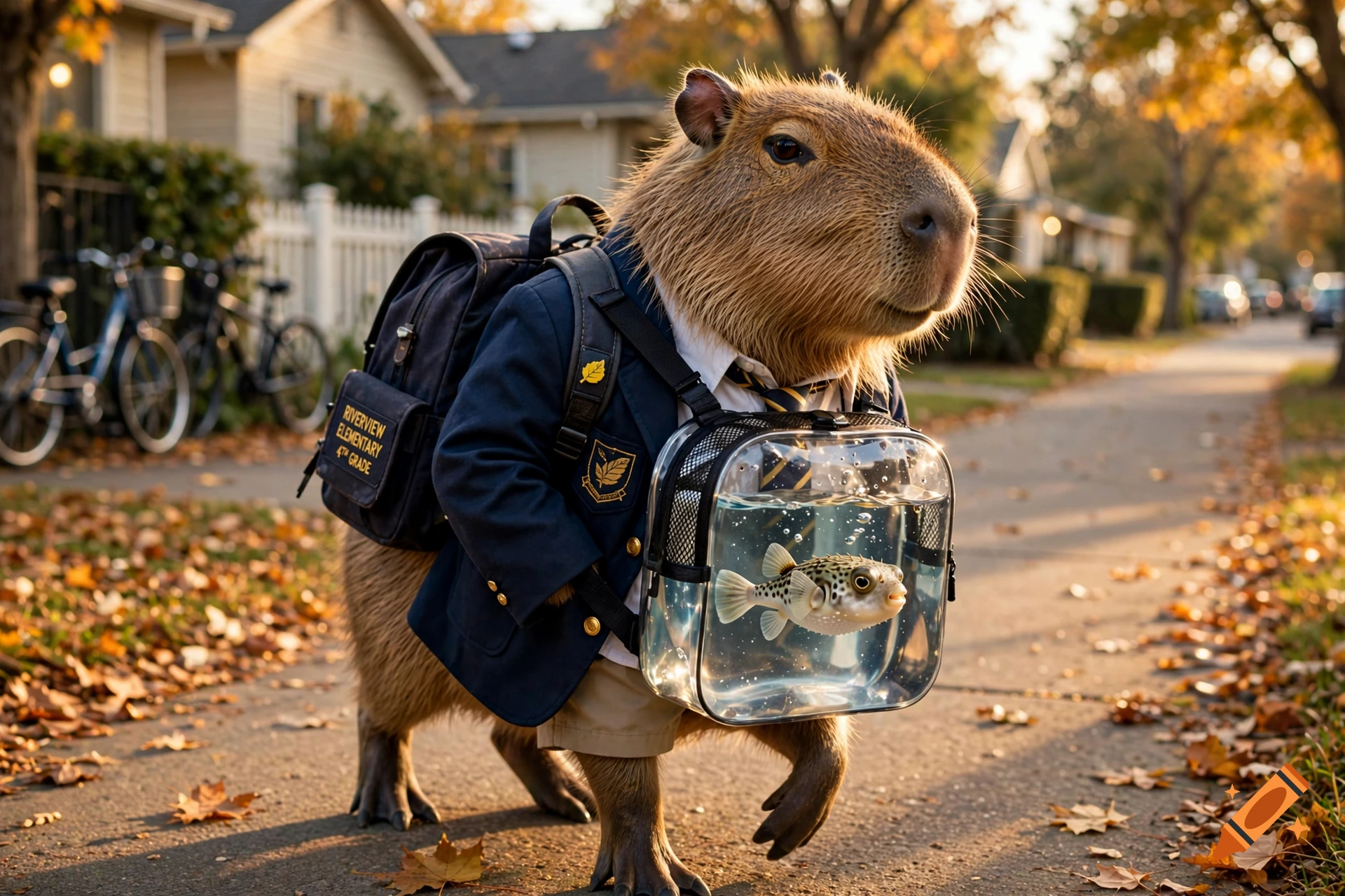 Photorealistic image of a capybara wearing a school uniform and carrying a backpack with a pufferfish inside, walking on a suburban sidewalk.