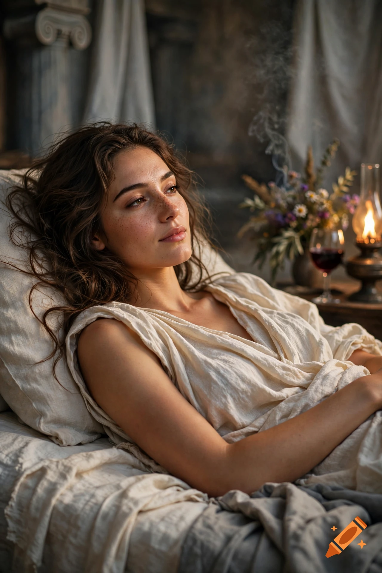 Portrait of a young woman with brown hair and freckles resting in a rustic room.