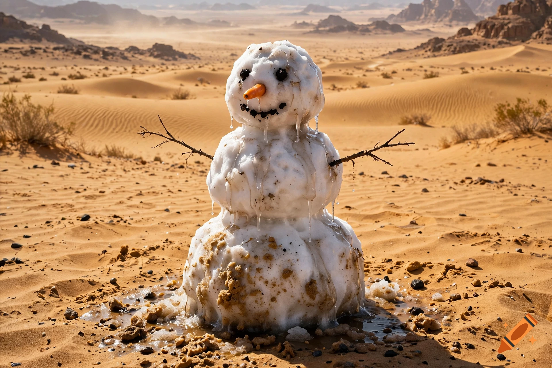 A melting snowman with a carrot nose and stick arms standing in the middle of a vast sandy desert, photorealistic.